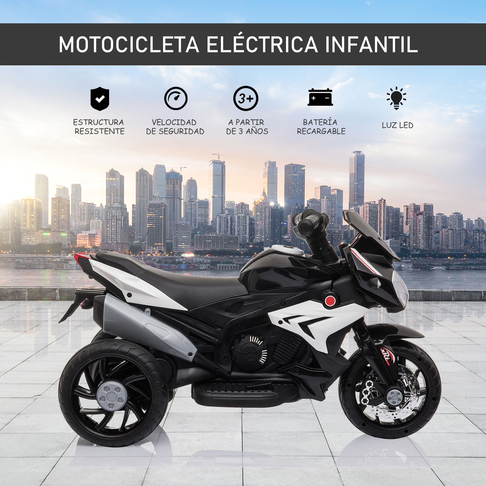 Motocicleta de juguete en blanco y negro con fondo de ciudad. Incluye luces LED, batería y seguridad.
