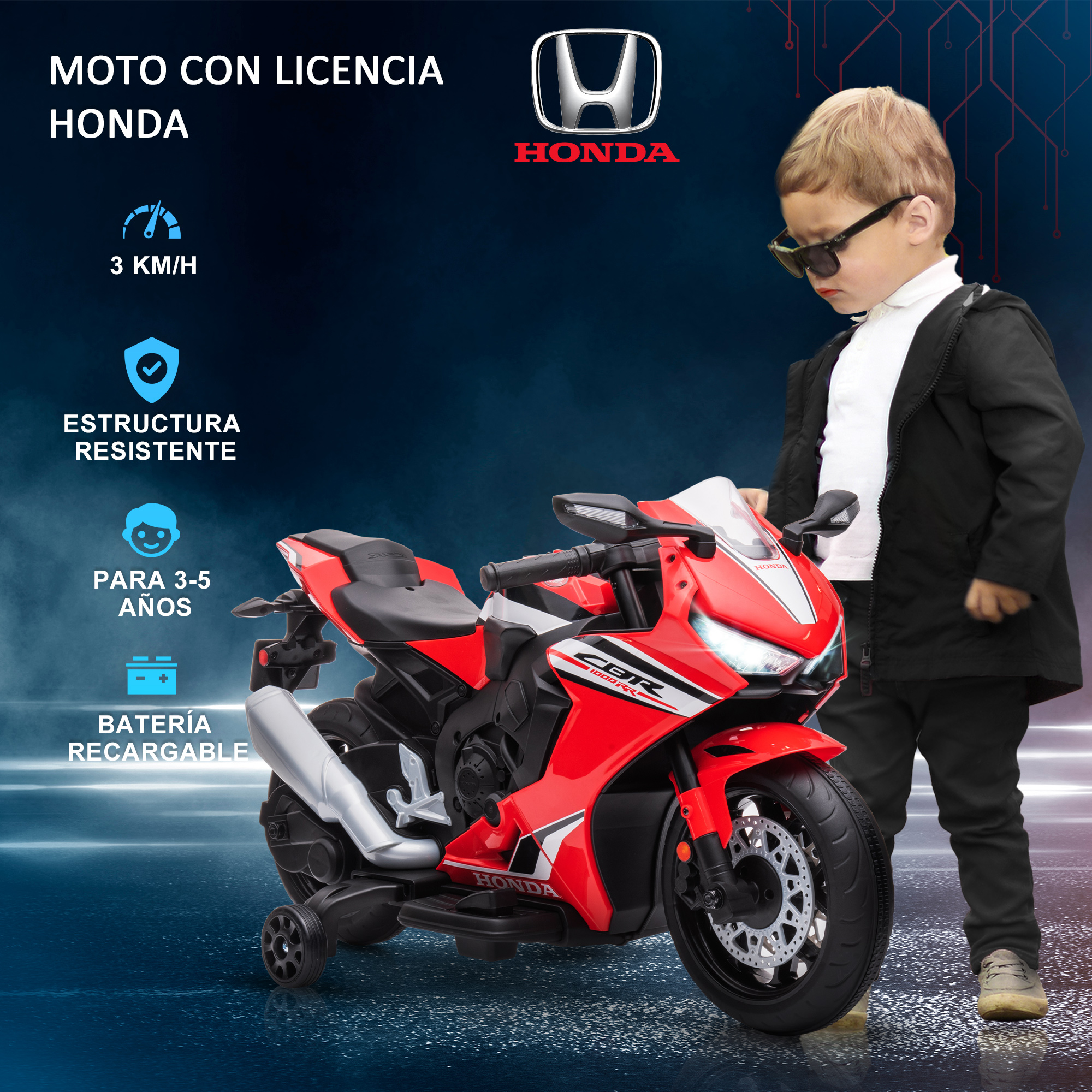Un niño con gafas de sol está de pie cerca de una moto de juguete Honda roja, con un logotipo de Honda y texto que indica especificaciones.