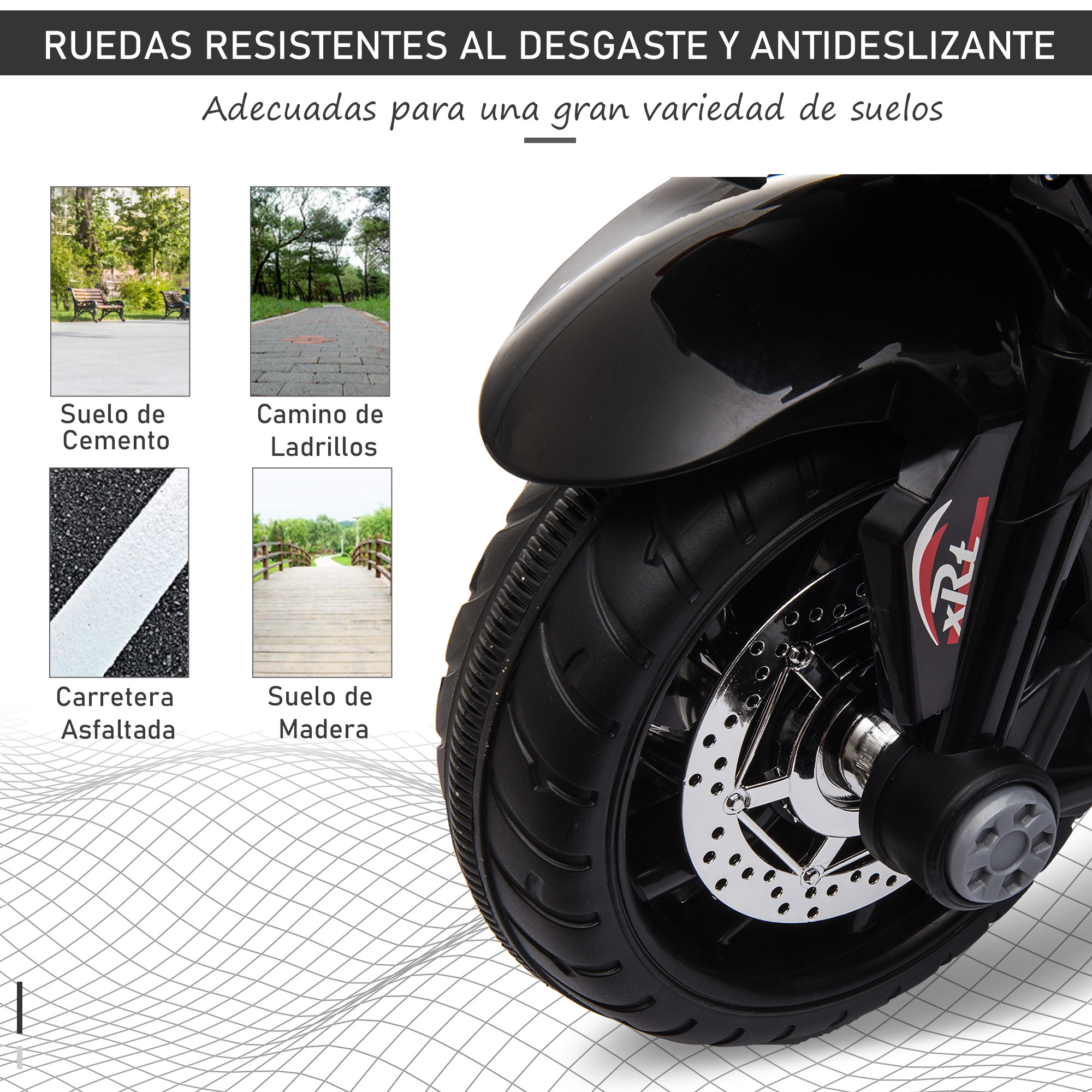Primer plano de un neumático de moto negro, con varios tipos de suelo.