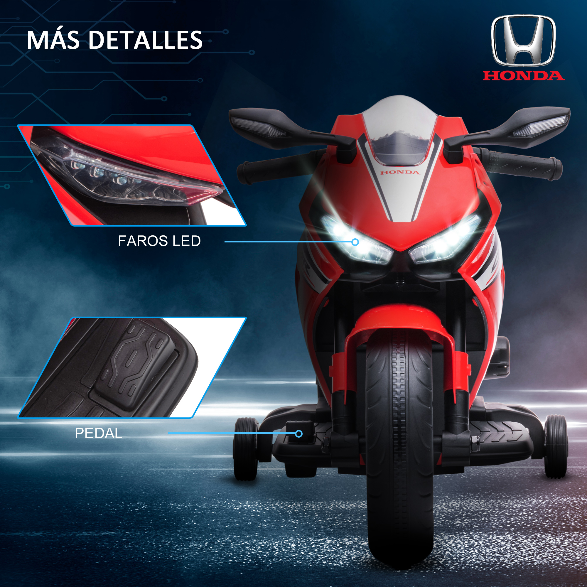 Motocicleta de juguete roja con faros LED y detalles del pedal. Logotipo de Honda visible. Fondo azul y gris.