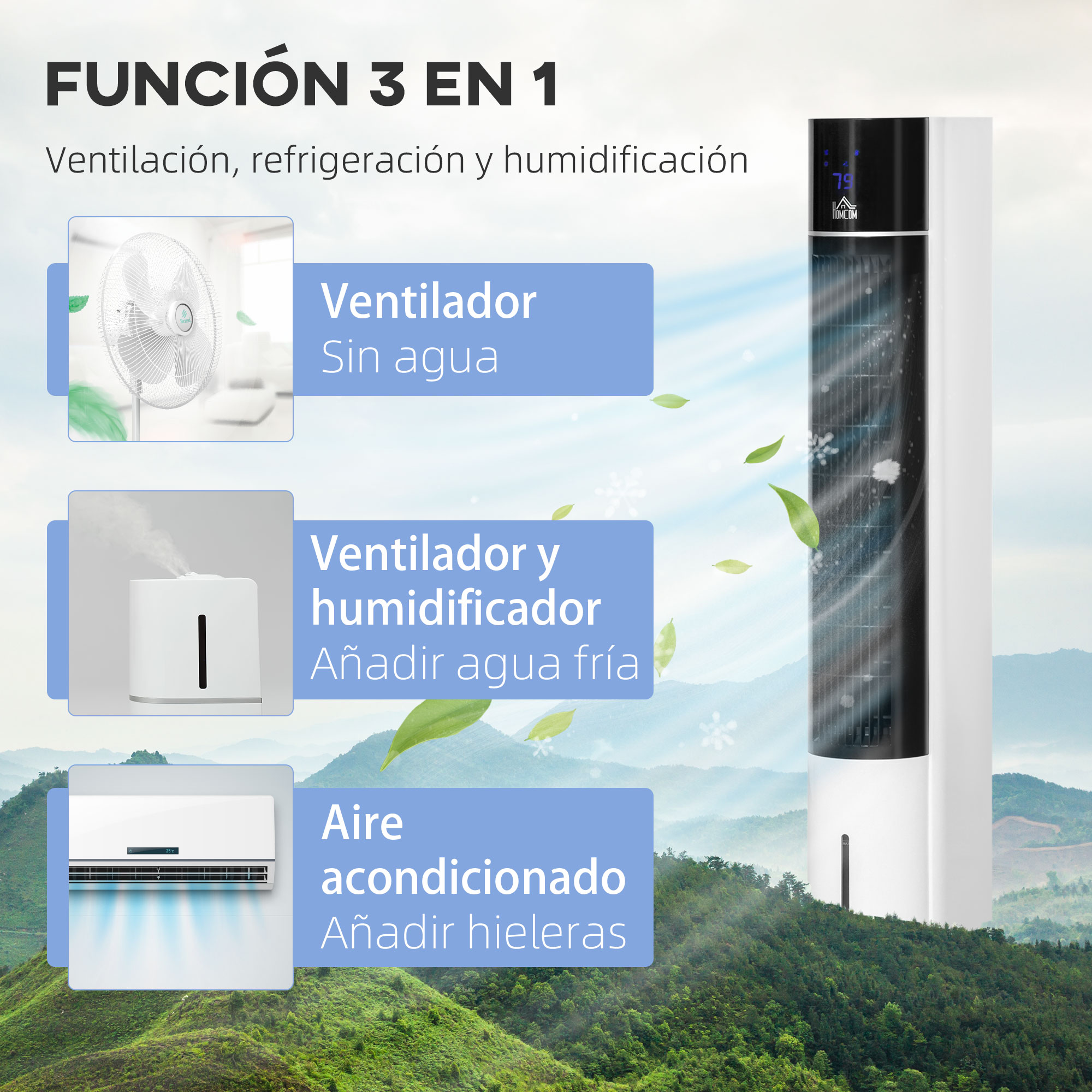 Ventilador de torre blanco y negro sobre un fondo de paisaje montañoso, con etiquetas de texto en español.