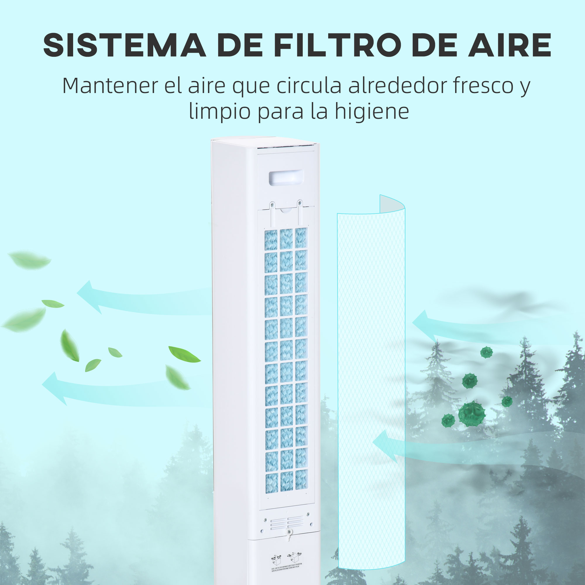 Un sistema de filtro de aire blanco con indicadores de flujo de aire. Se posiciona contra un fondo con hojas y cielo azul.