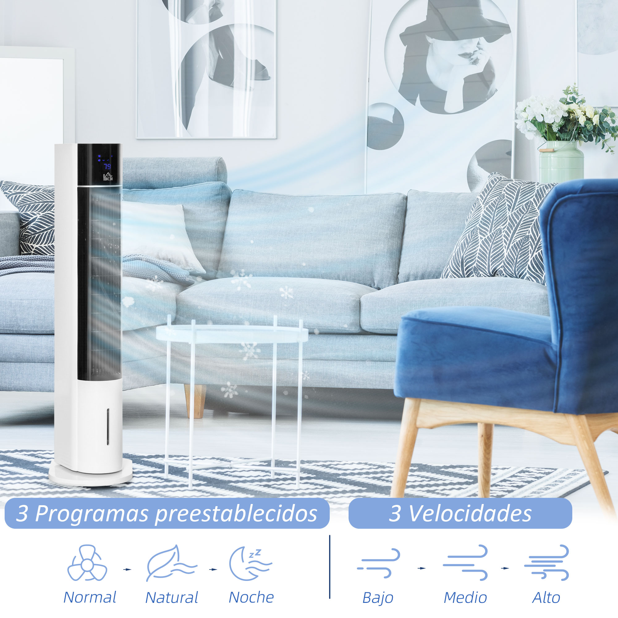 Enfriador de aire blanco en sala con sofá, silla y mesa. Texto describe 3 velocidades y modos.