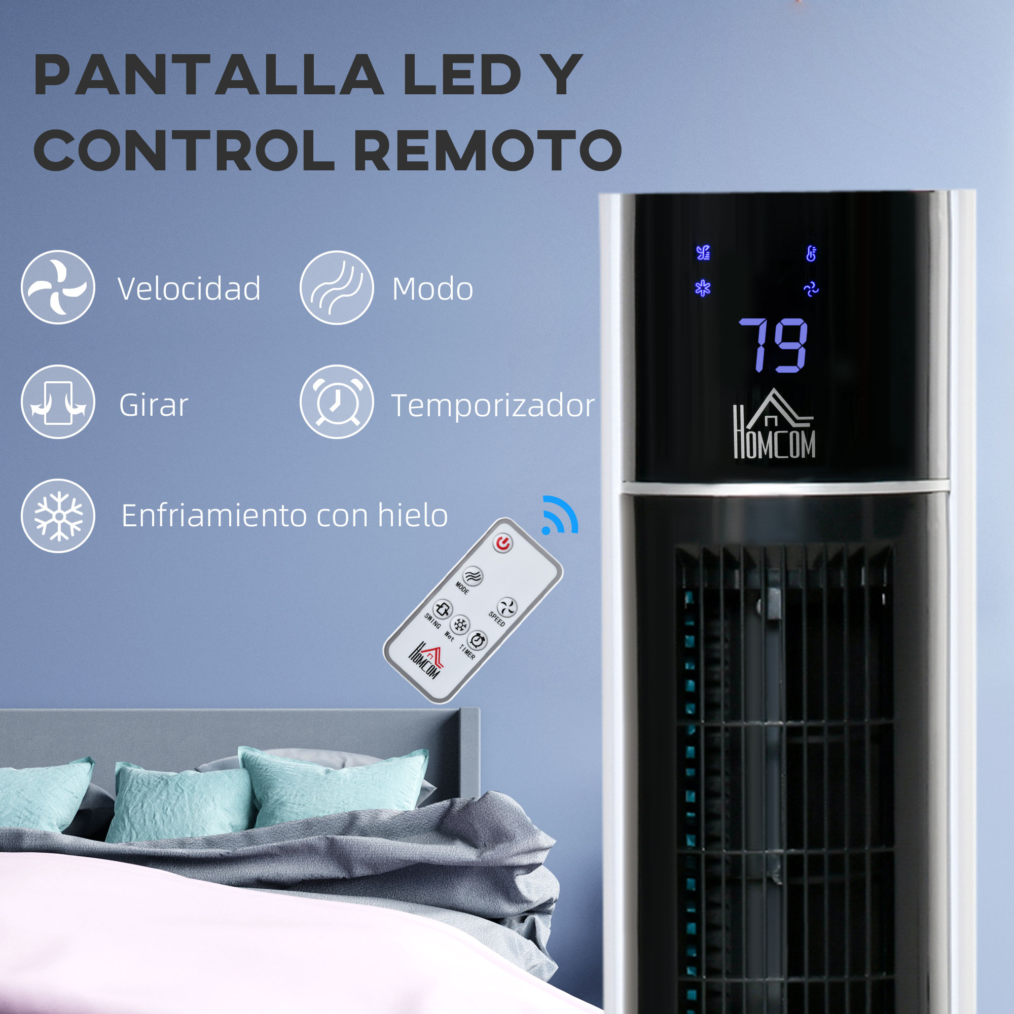 Ventilador de torre blanco y negro con control remoto. Incluye velocidad, modo y temporizador.