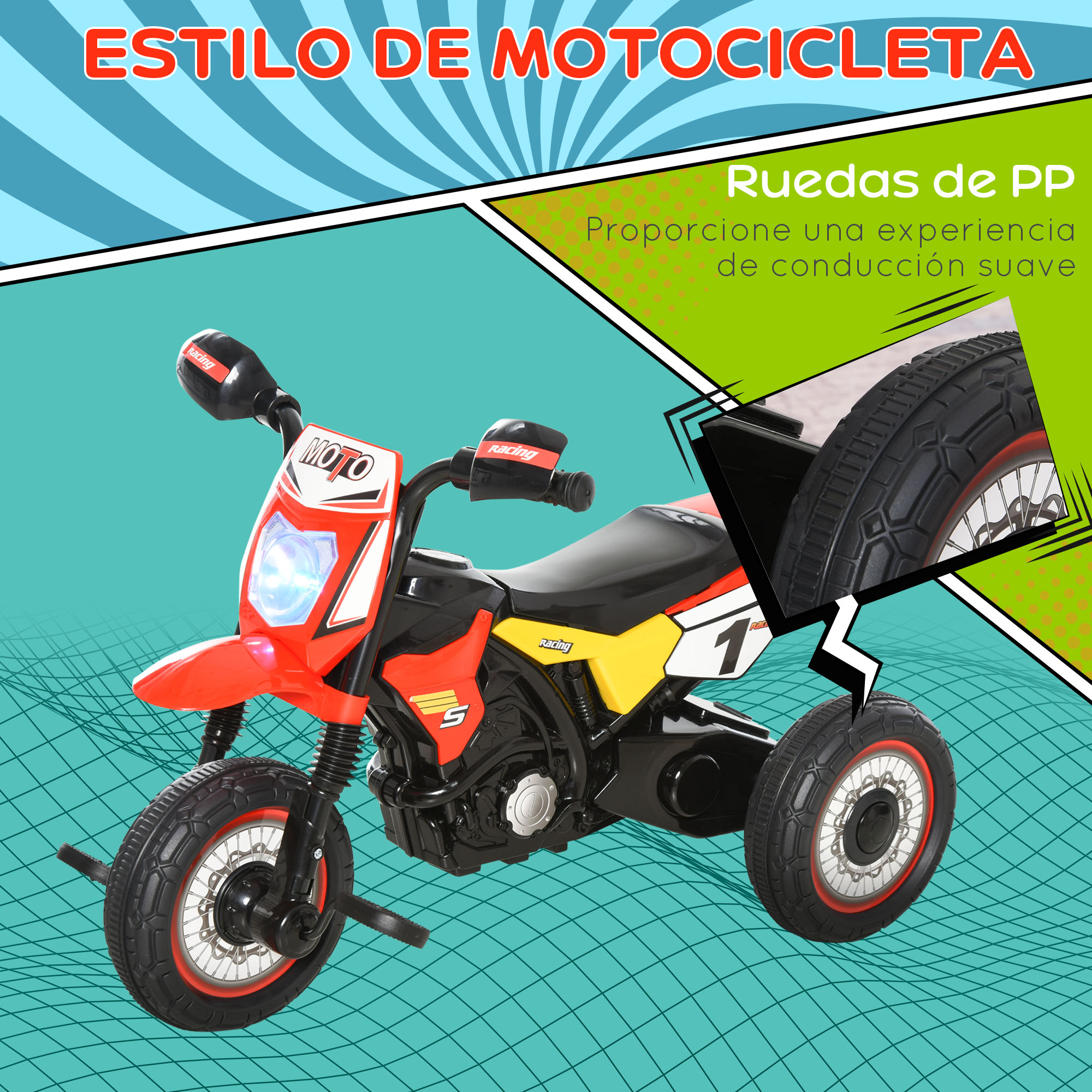 Motocicleta de juguete roja y negra con tres ruedas. Presenta un diseño de carreras y un faro central.