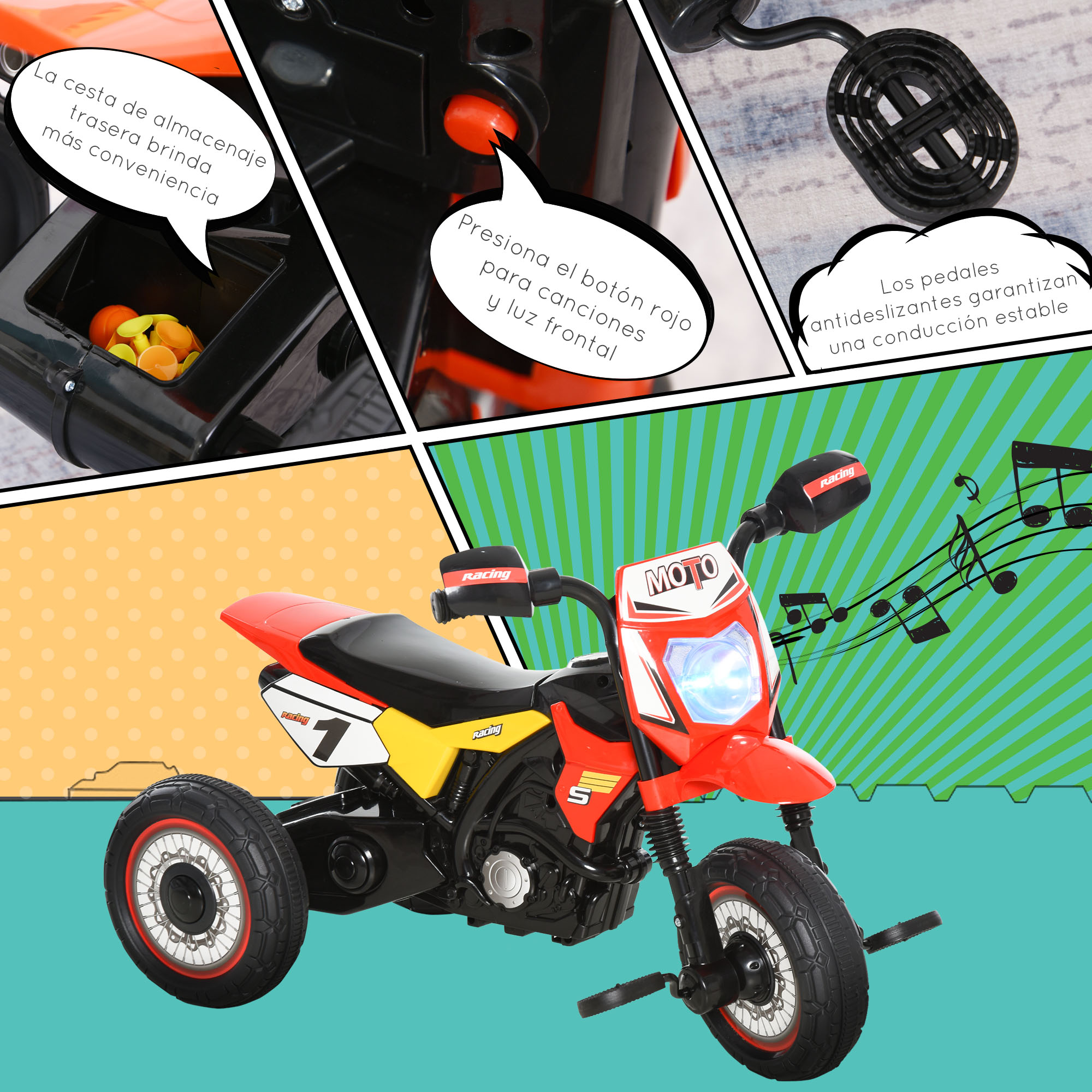 Una motocicleta de juguete con un diseño rojo, amarillo y negro. Las burbujas de texto describen características como pedales y almacenamiento.