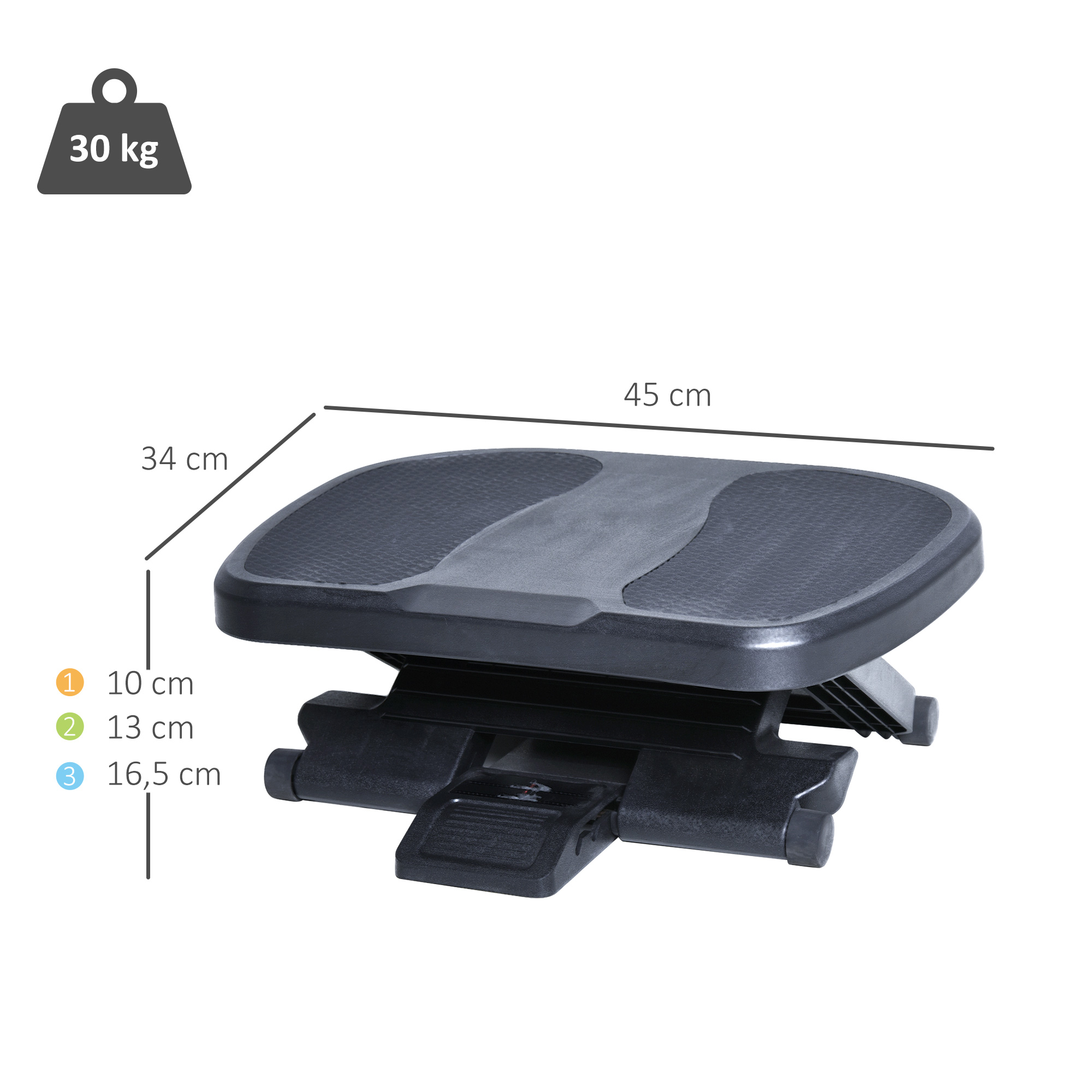 Reposapiés negro con dimensiones, incluyendo 45cm de ancho, 34cm de profundidad y alturas de 10, 13 y 16,5cm. Peso de 30kg.