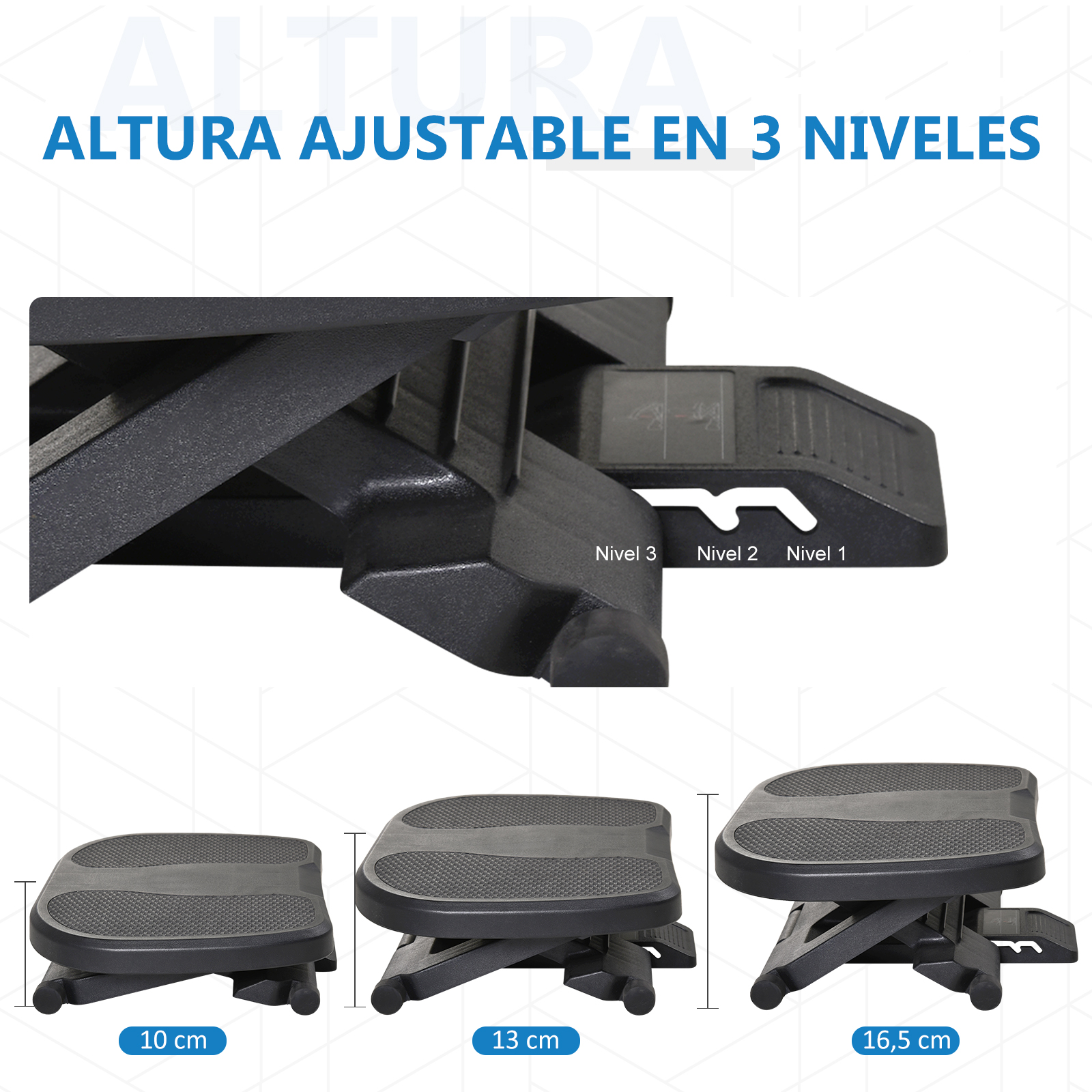 Un reposapiés negro. Tiene tres niveles de altura ajustables. Tiene una superficie antideslizante.