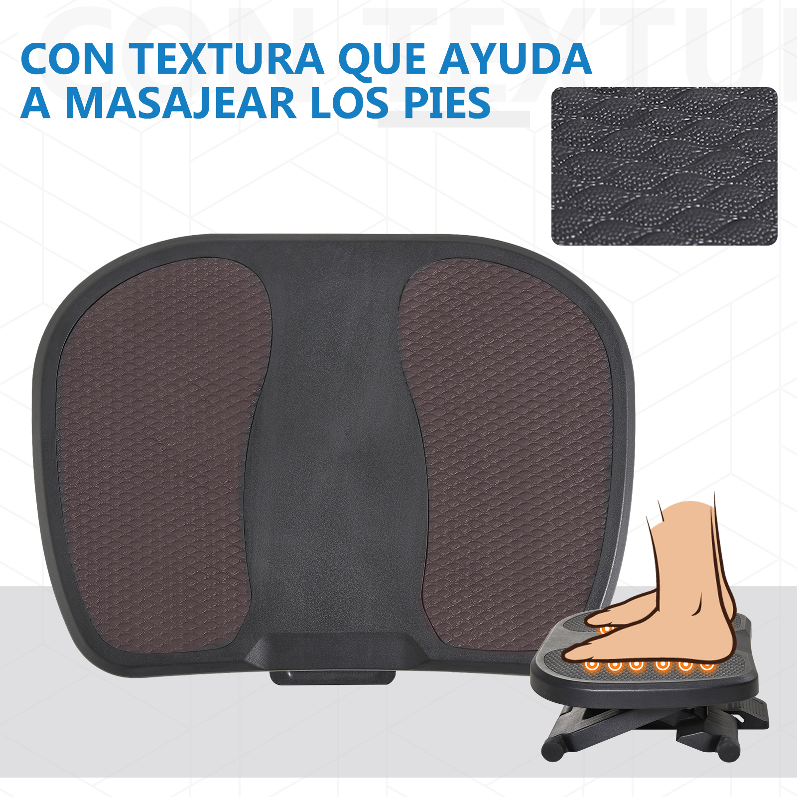 Reposapiés con superficie texturizada y diagrama del pie, con función de masaje.