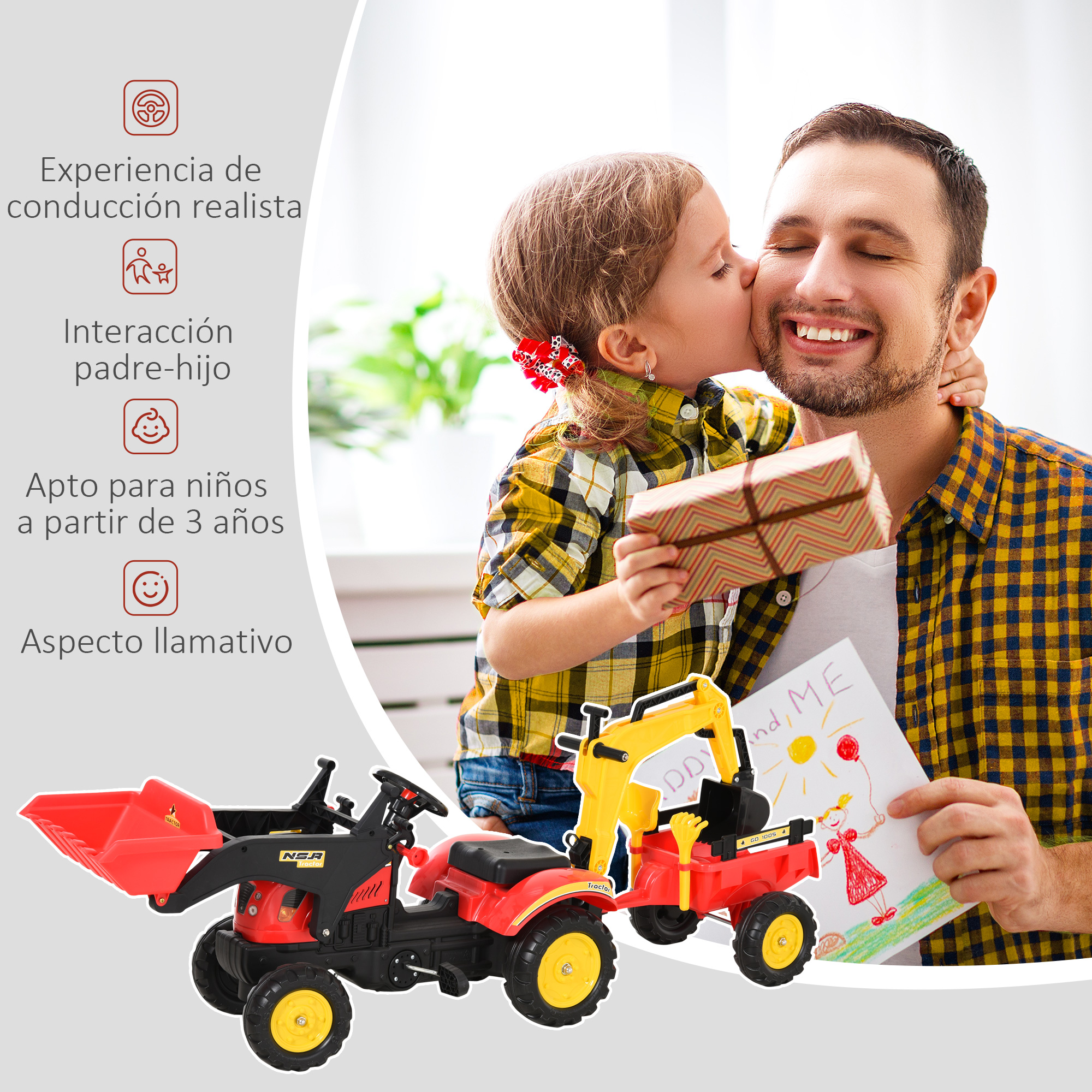 Un padre y su hija interactúan con una excavadora de juguete. El padre está siendo besado por la niña.
