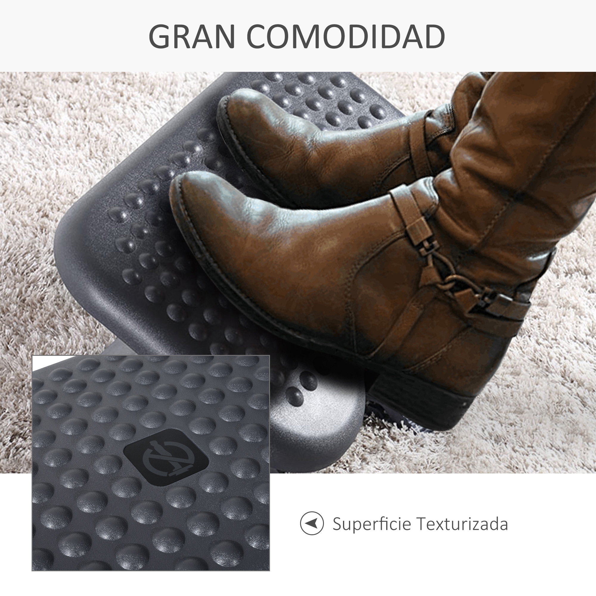 Pies de persona en reposapiés. Botas marrones en el reposapiés. Primer plano de la superficie texturizada.