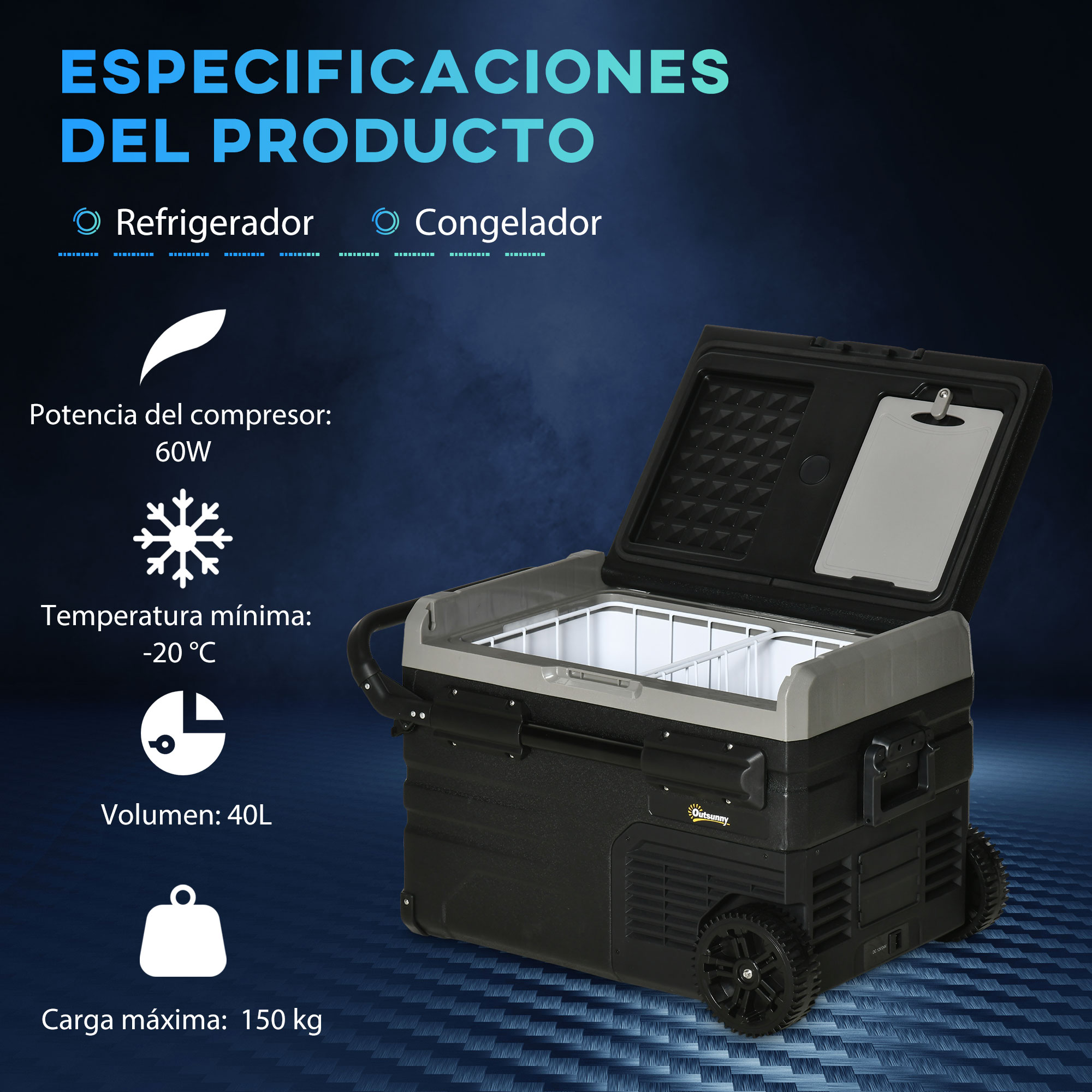 Refrigerador portátil negro. Las especificaciones incluyen la potencia del compresor y la carga máxima.