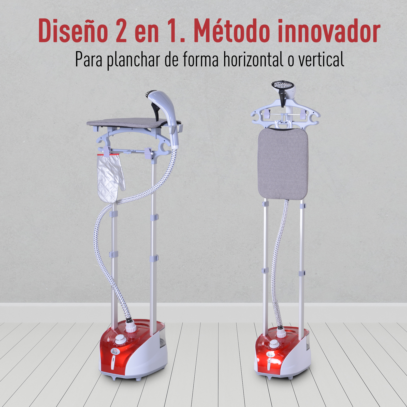 Dos planchas de vapor, una sobre un soporte. Ambas rojas y blancas. Diferentes diseños para planchado horizontal o vertical.