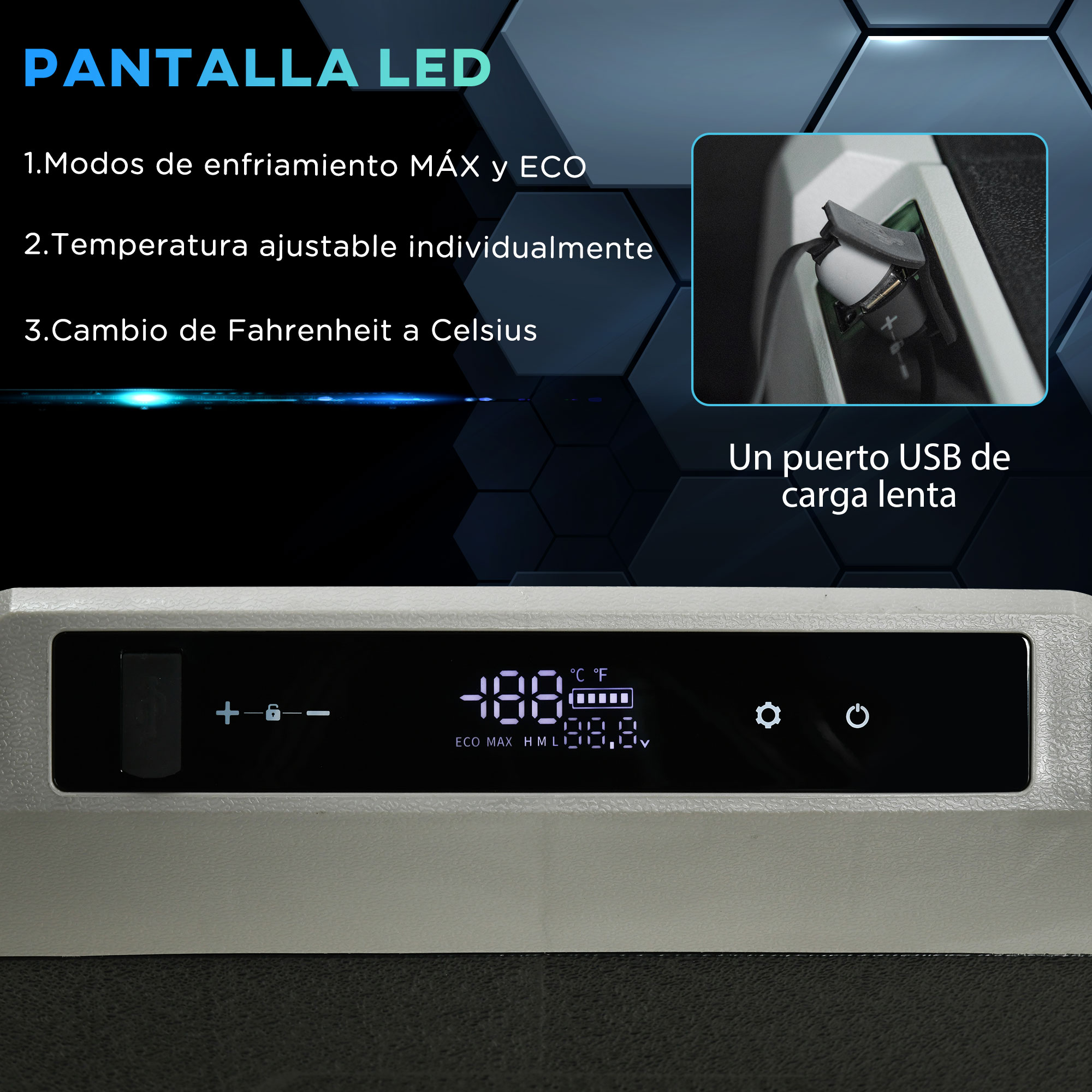 Se muestra una pantalla digital con lecturas de temperatura y puerto USB.