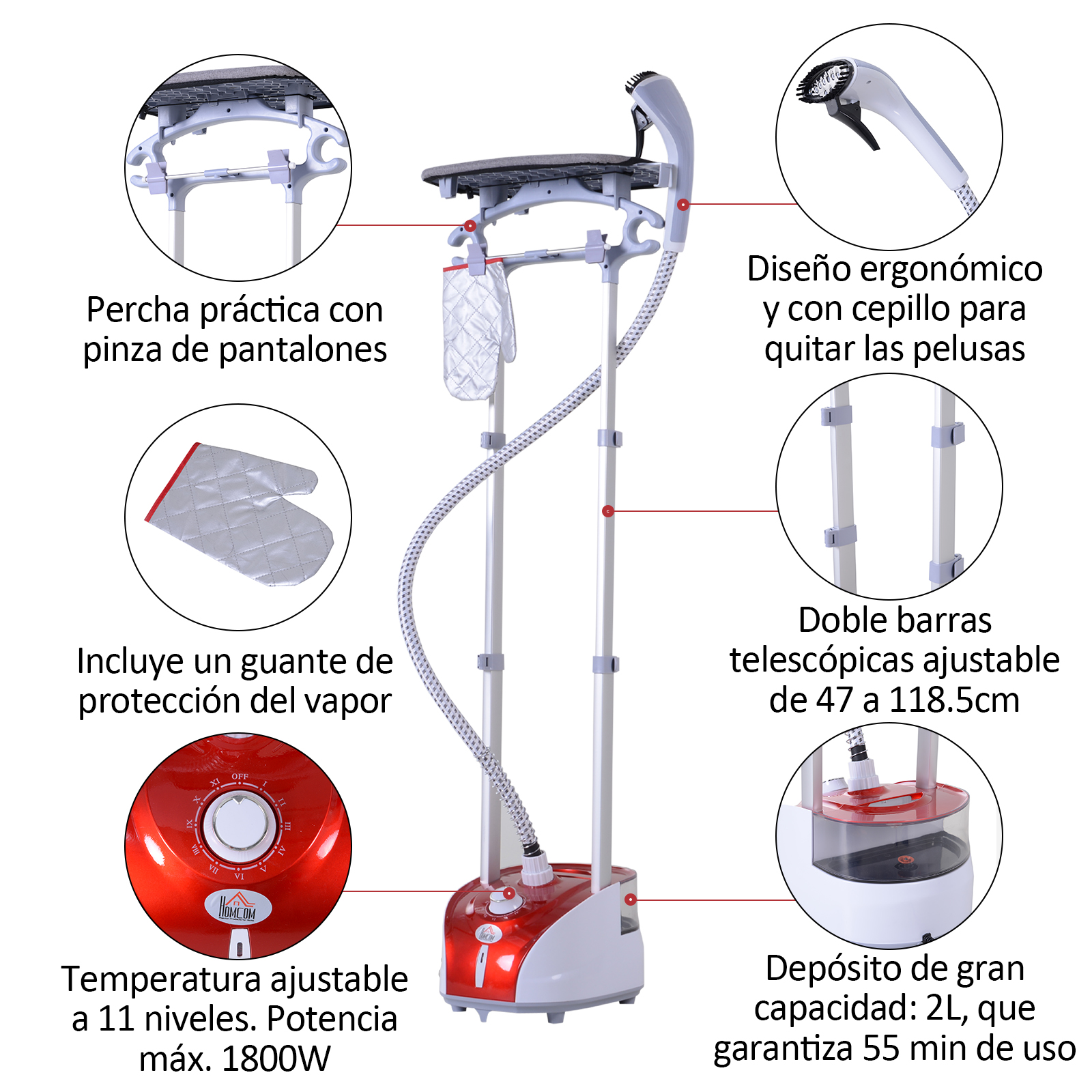 Un vaporizador de ropa blanco y rojo con temperatura ajustable y varios accesorios. Incluye un guante.