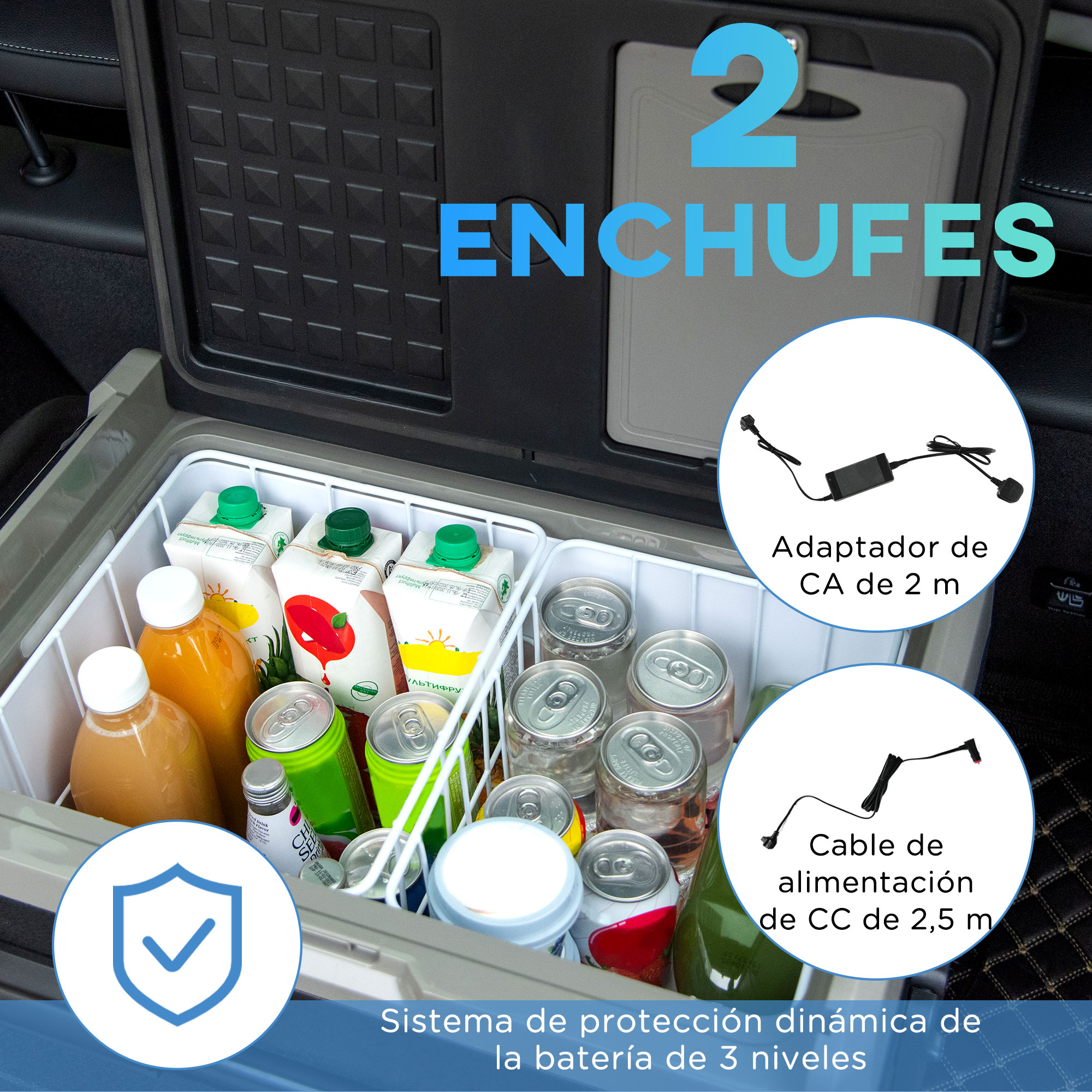 Nevera para automóvil con bebidas y paquetes de hielo. Muestra 2 enchufes, un adaptador de CA de 2 m y un cable de alimentación de CC de 2,5 m.