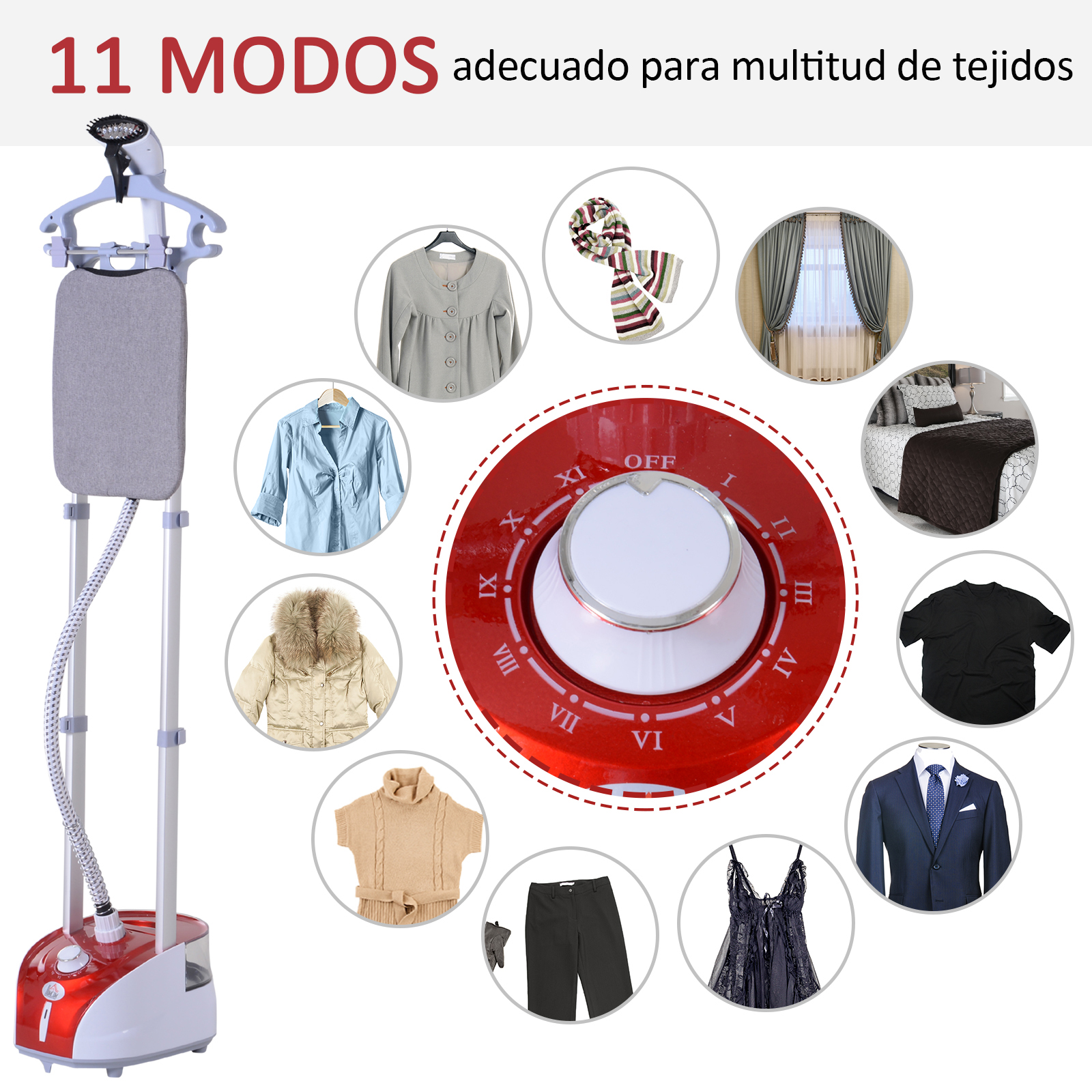 Un vaporizador de ropa rojo y blanco con varias prendas y textiles alrededor del dial.