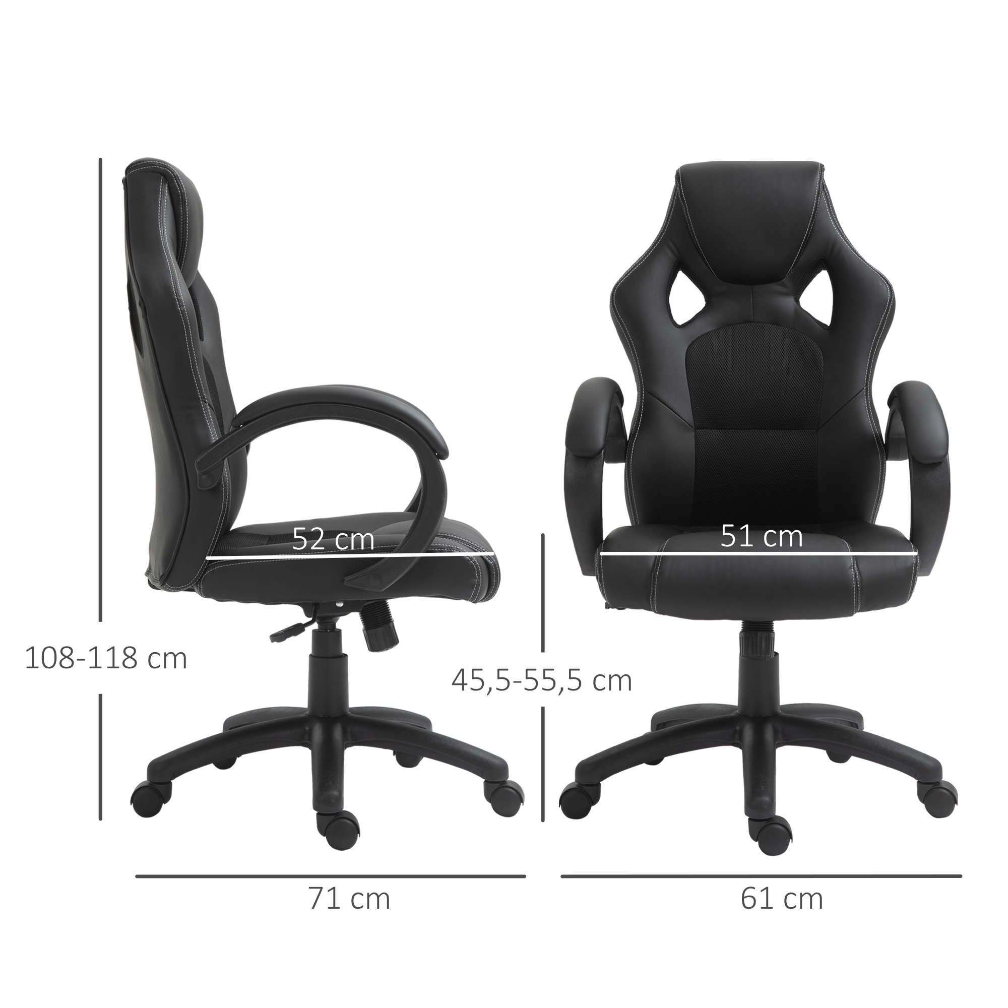Silla gaming negra, vistas lateral y frontal, dimensiones de altura y ancho.