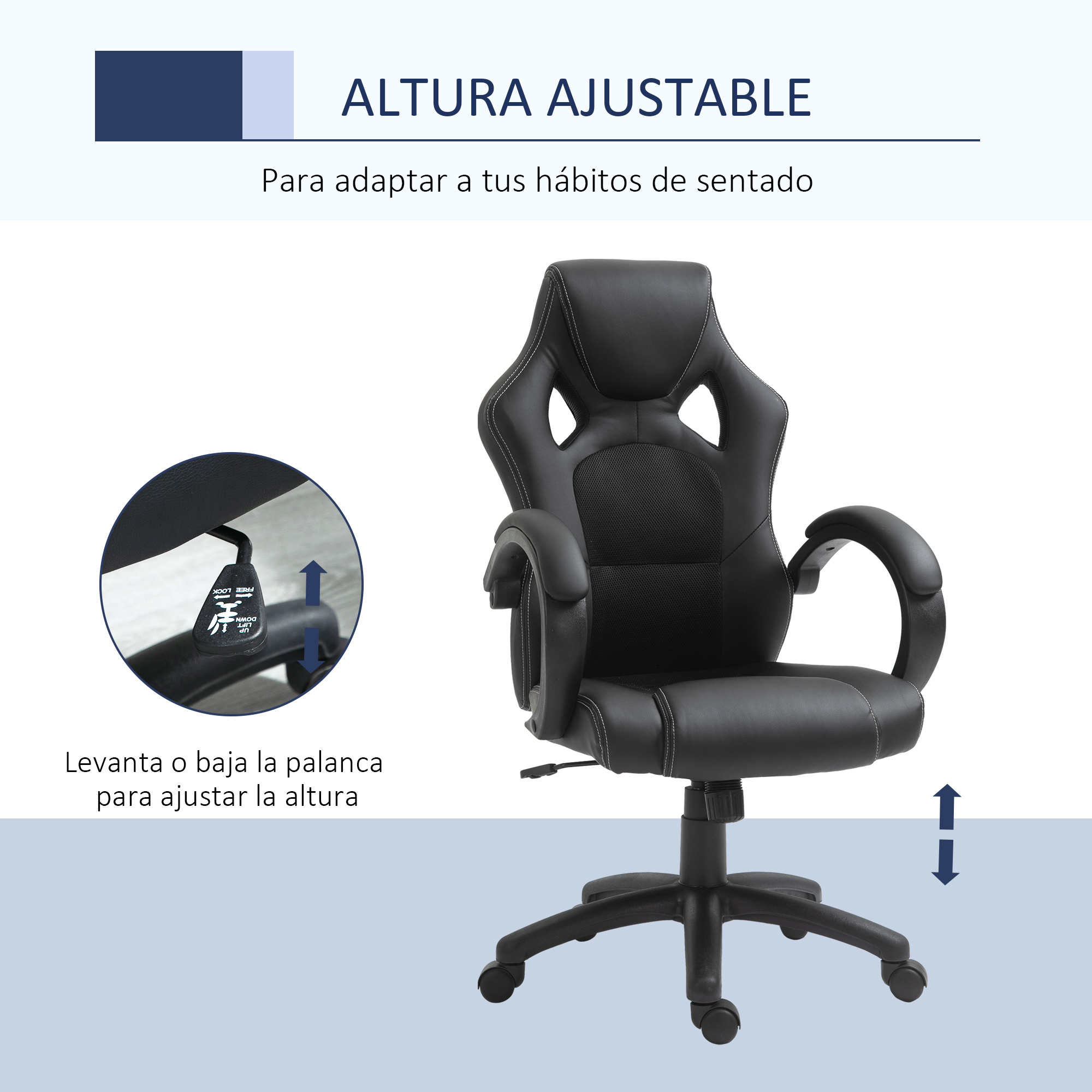 Silla de oficina negra con altura ajustable. Muestra un primer plano de una palanca.