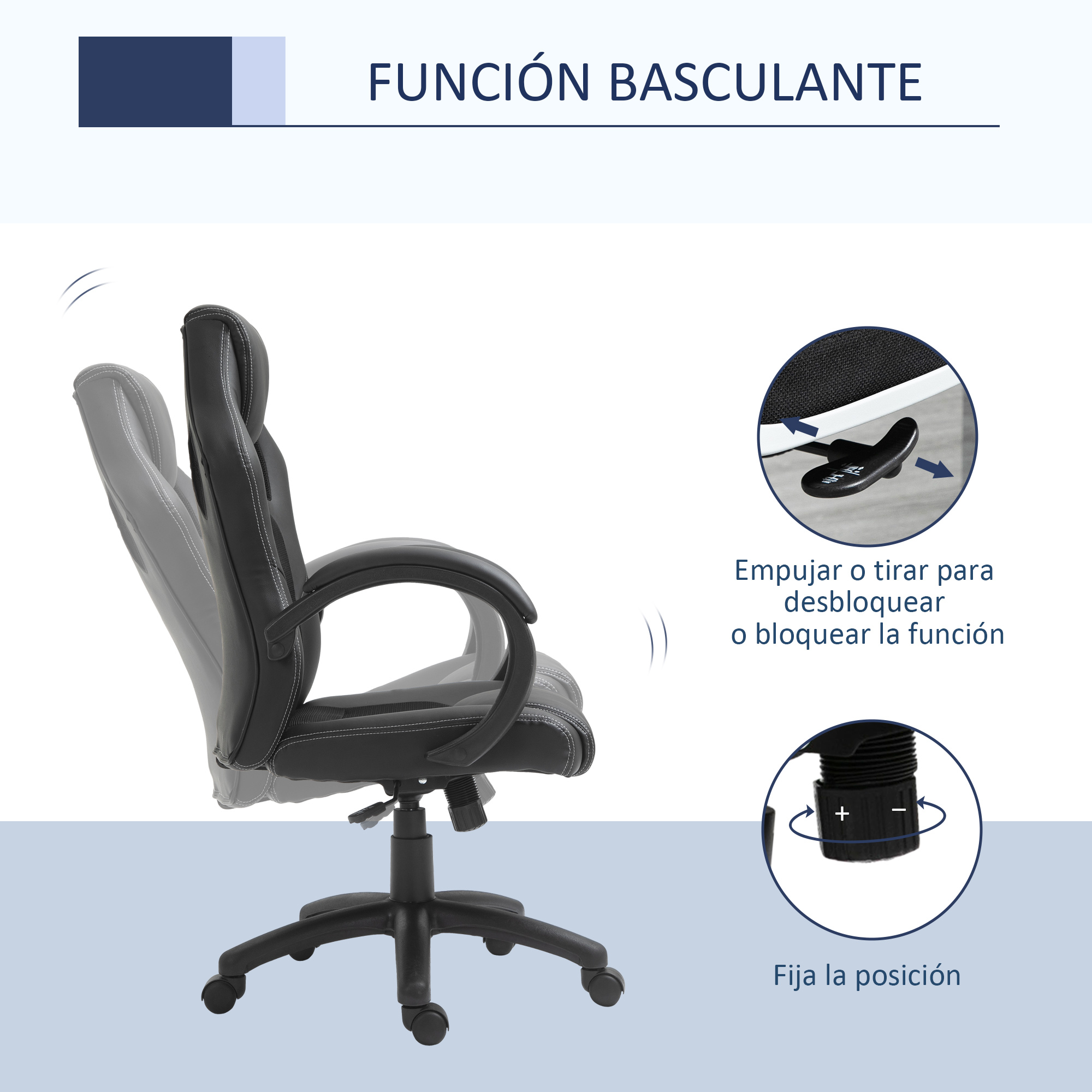 Silla de oficina negra con base negra y costuras blancas. Instrucciones sobre cómo ajustar la silla.