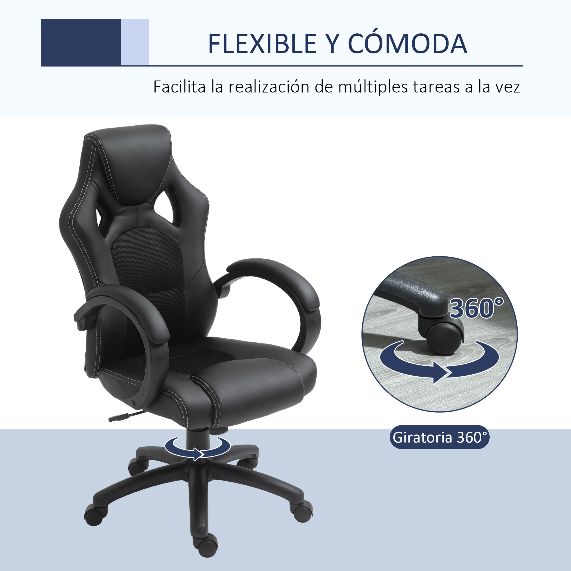 Silla de oficina negra. Tiene costuras blancas y respaldo de malla. La silla está sobre un fondo blanco.