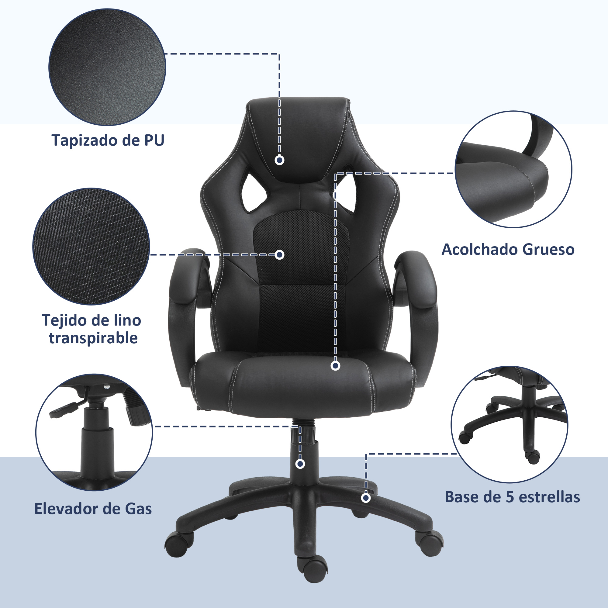 Silla gaming negra con tapizado PU, tejido lino transpirable, elevador de gas, base 5 estrellas y acolchado grueso.