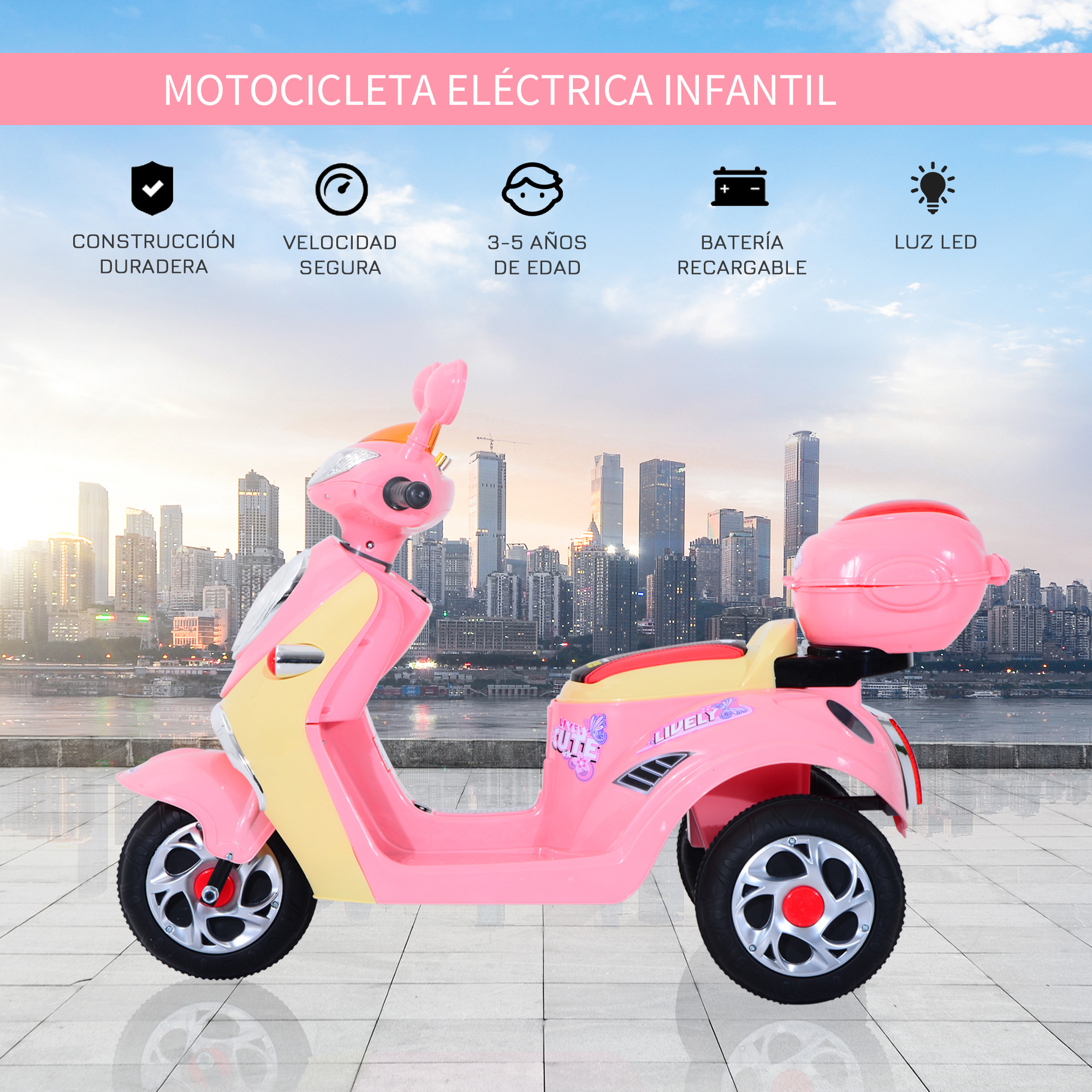 Scooter eléctrico rosa para niños. Características: construcción duradera, velocidad segura y batería recargable.