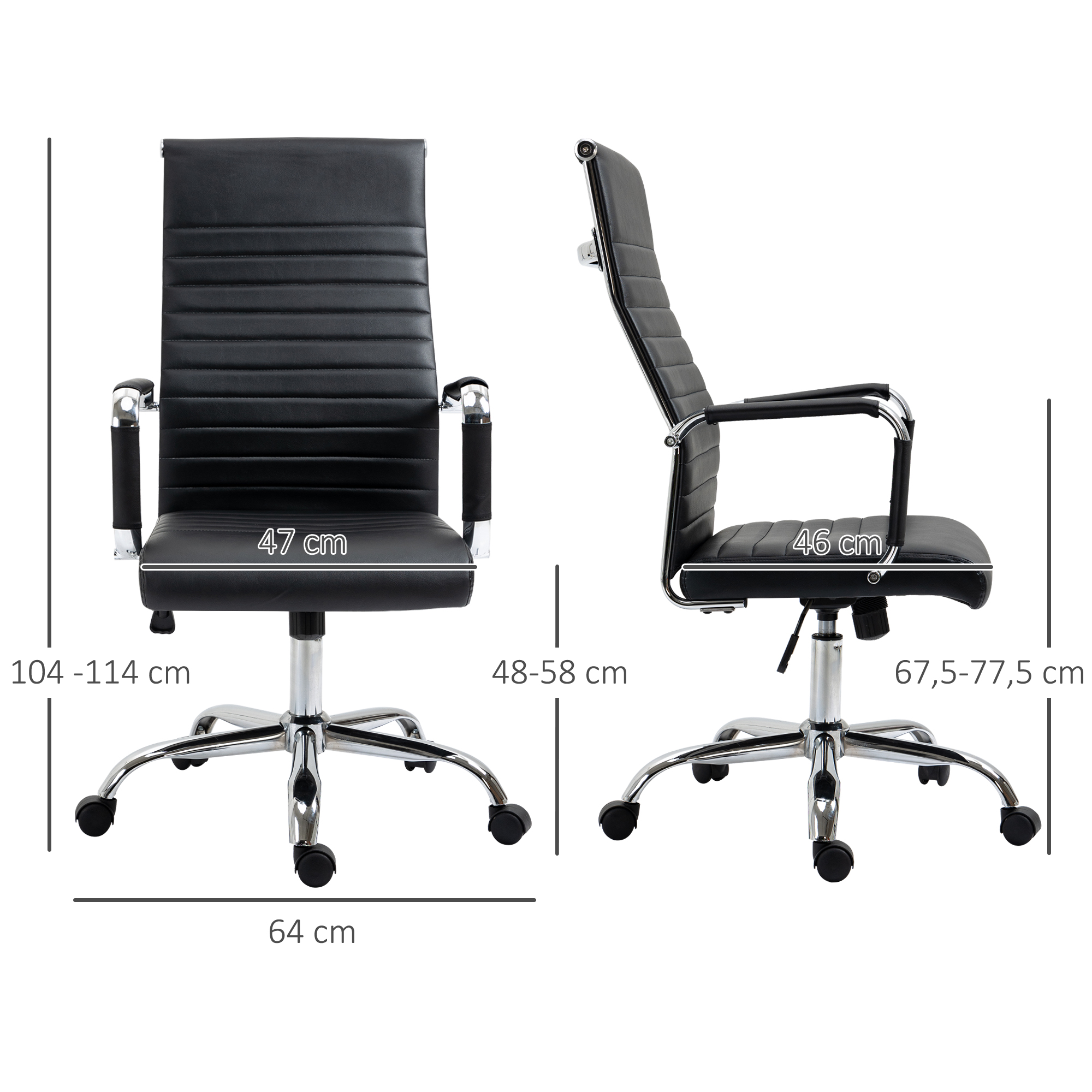 Silla de oficina negra, dimensiones mostradas. Vistas lateral y frontal. Base y marco cromados. Asiento y respaldo de cuero negro.