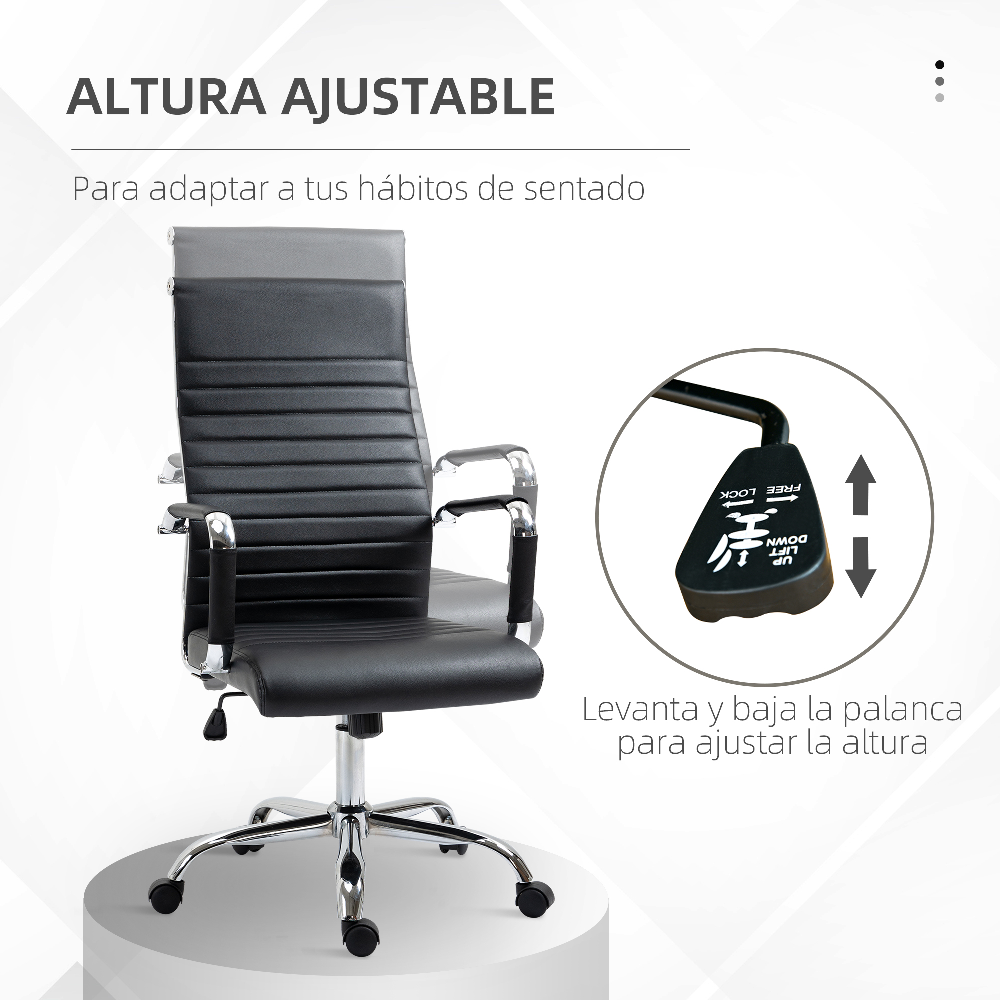 Una silla de oficina negra y plateada con altura ajustable. Se muestra la palanca de ajuste.
