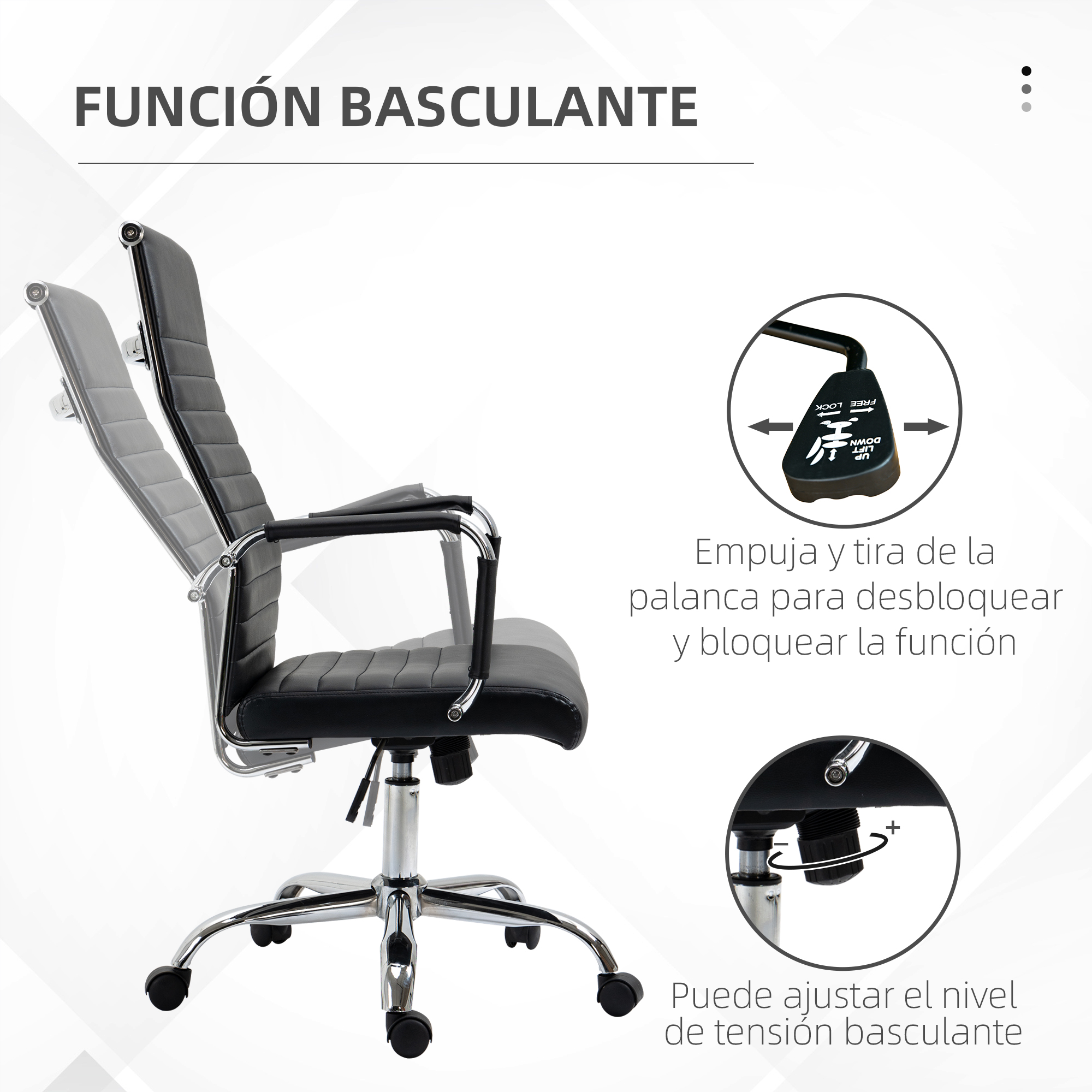 Silla de oficina negra con función basculante. Texto en español describe cómo desbloquear y ajustar la función basculante.