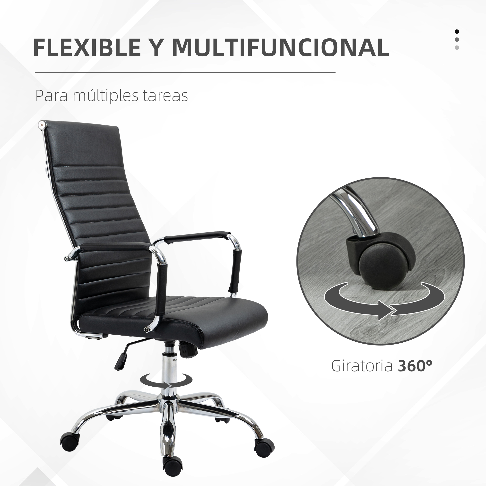 Silla de oficina negra con respaldo alto, reposabrazos y ruedas. Es negra con detalles cromados y giro 360°.