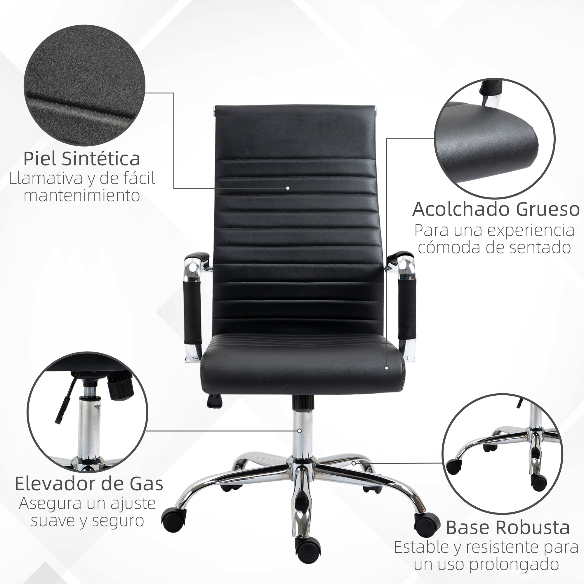 Silla de oficina negra con base cromada. Cuero sintético, acolchado grueso, elevador de gas y base robusta.