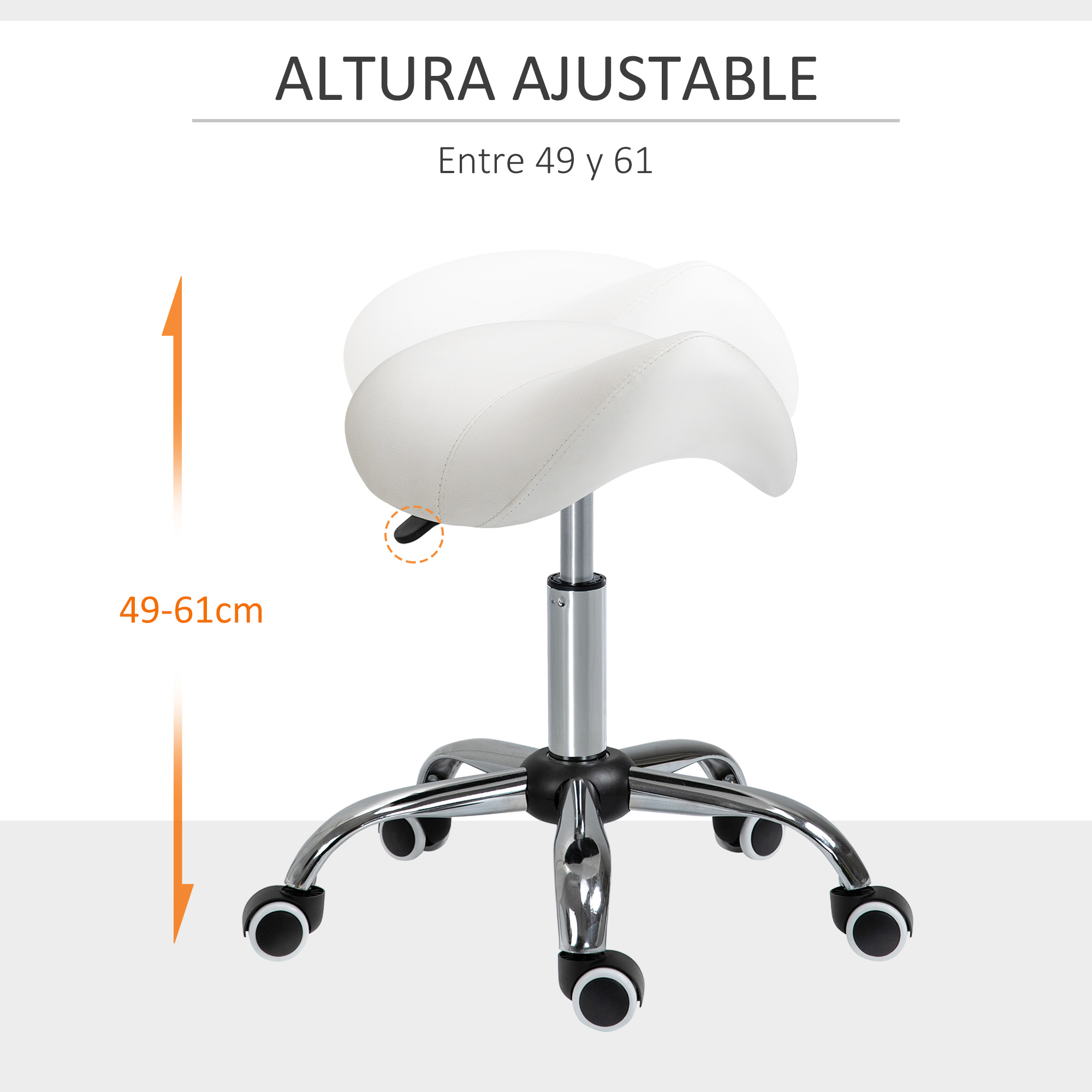 Taburete blanco ajustable con patas cromadas, y un rango de ajuste de altura de 49-61 cm. Etiquetas de texto y flechas.