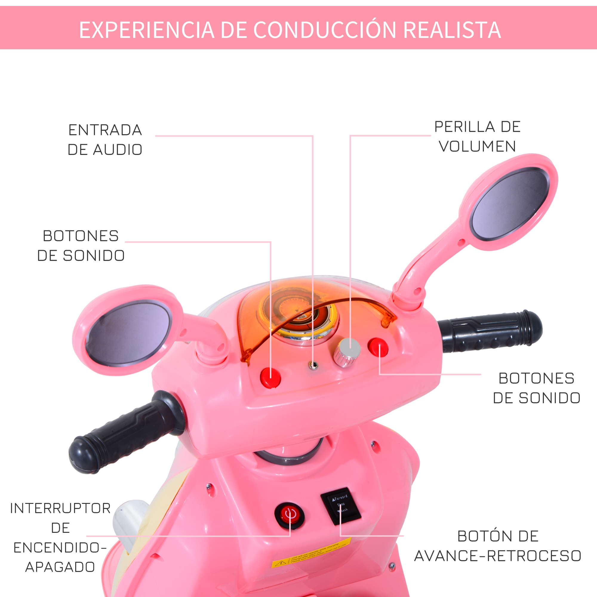 Scooter de juguete rosa con espejos, botones e interruptor. El fondo es blanco.