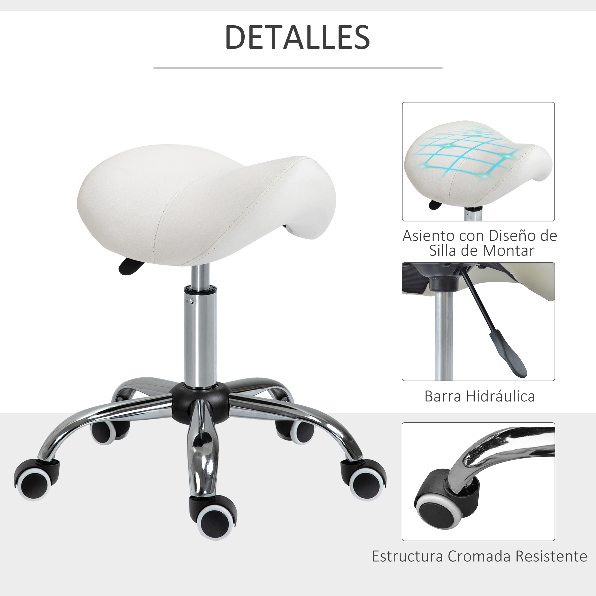 Silla blanca tipo sillín, base cromada, con barra hidráulica y detalles.