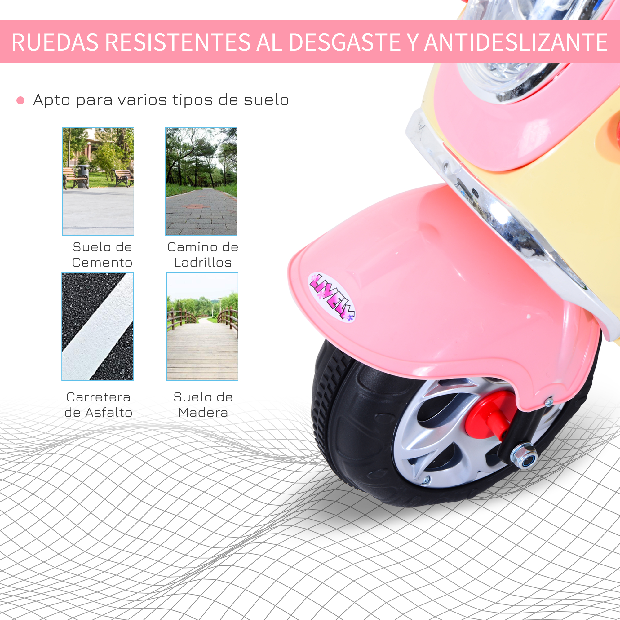 Rueda de scooter rosa y amarilla. Adecuado para diversas superficies: cemento, ladrillo, asfalto y madera.