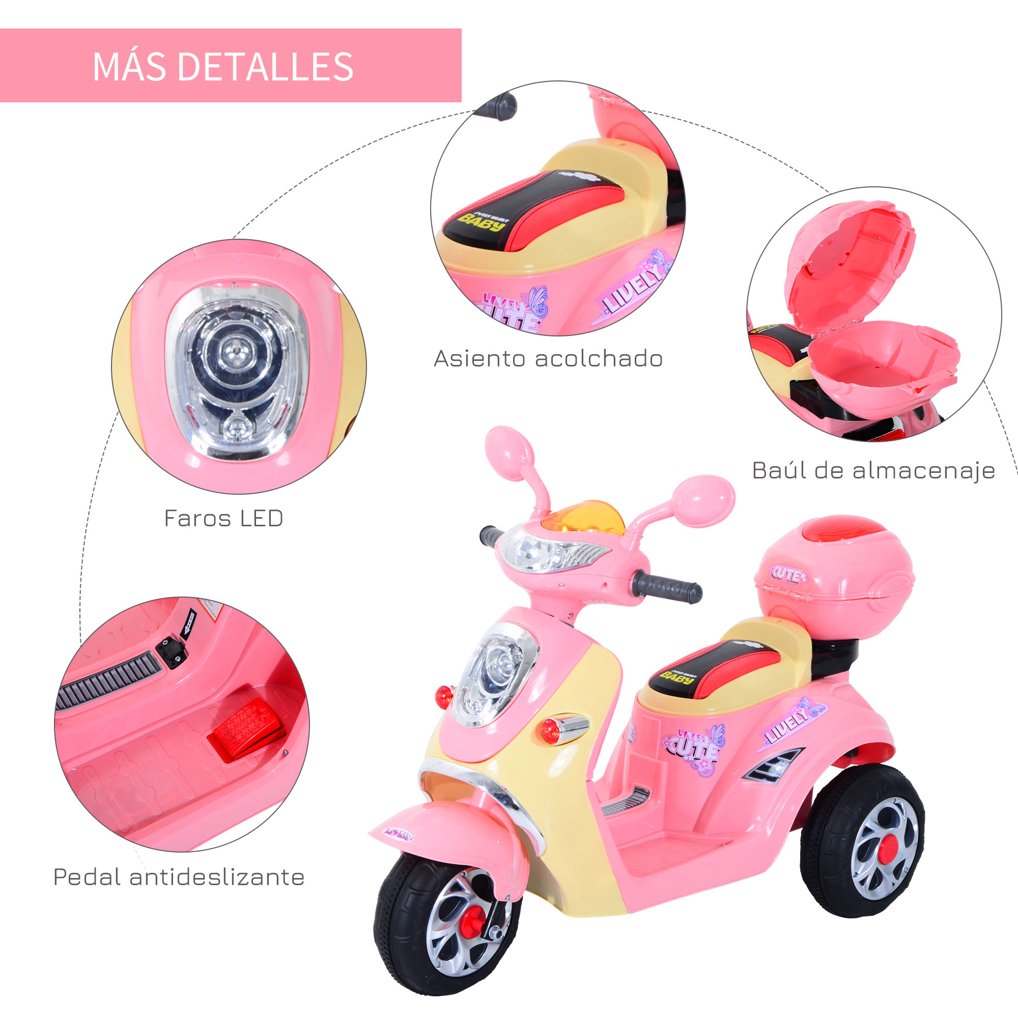 Un scooter de juguete rosa con detalles. Incluye faros, una caja de almacenamiento y un pedal antideslizante.
