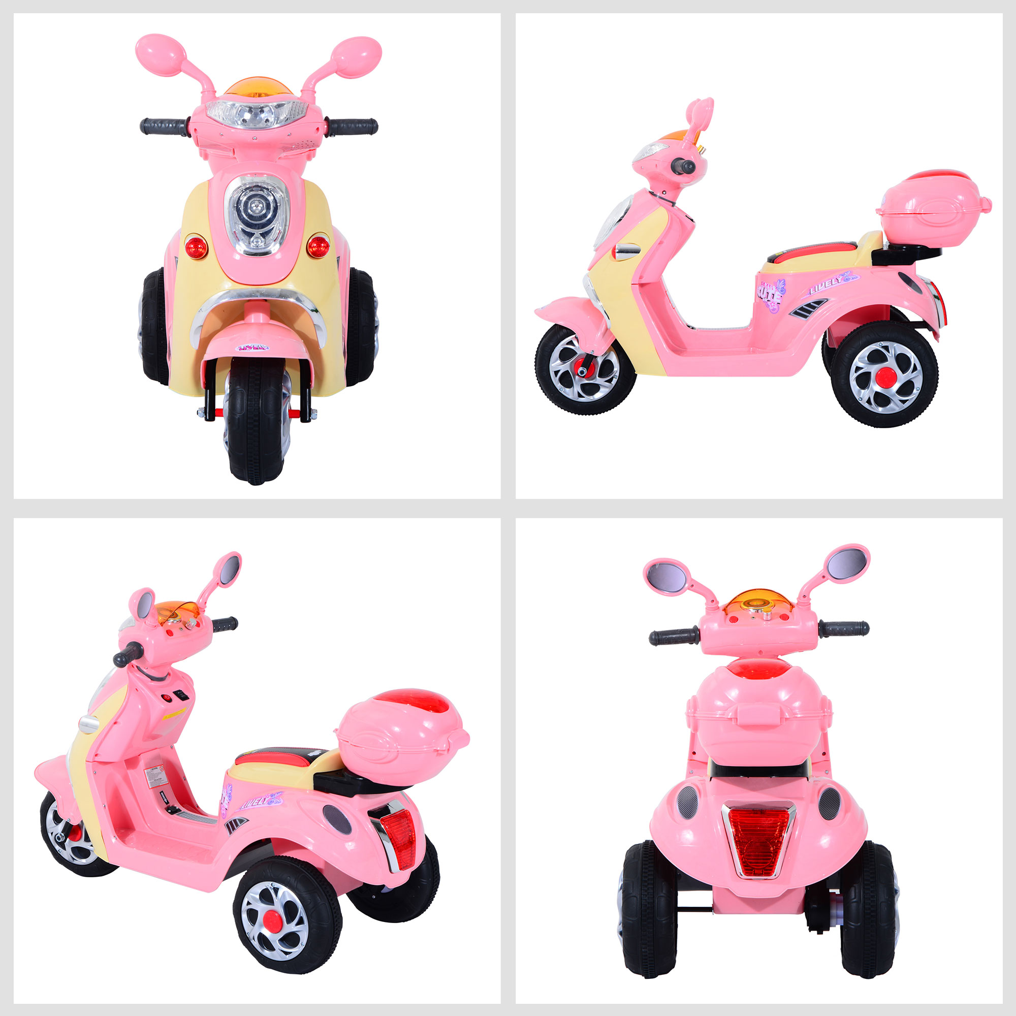 Scooter de juguete rosa y amarillo con tres ruedas. Múltiples vistas del scooter sobre fondo blanco.
