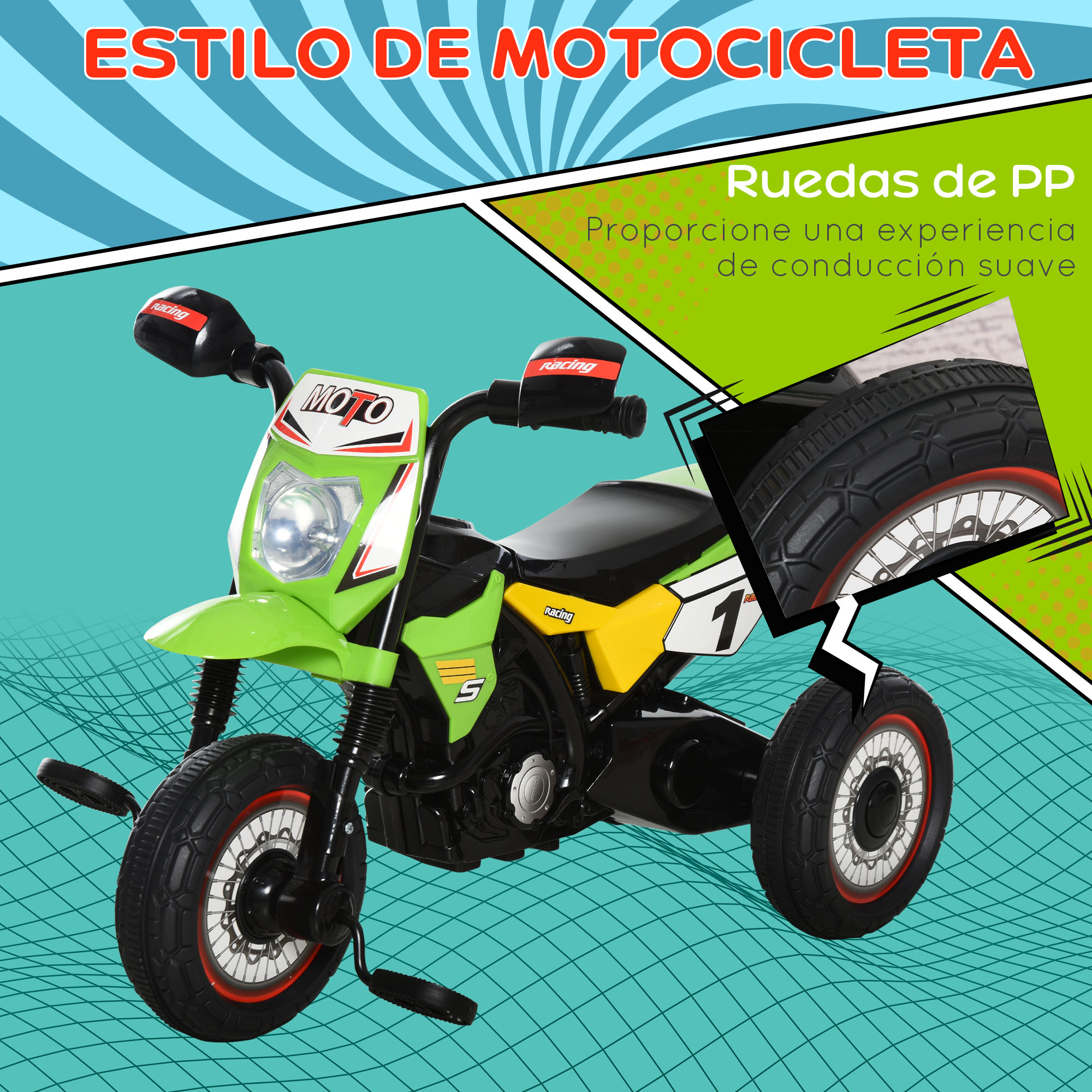 Motocicleta de juguete verde con detalles negros y blancos sobre fondo azul, con diseño deportivo.