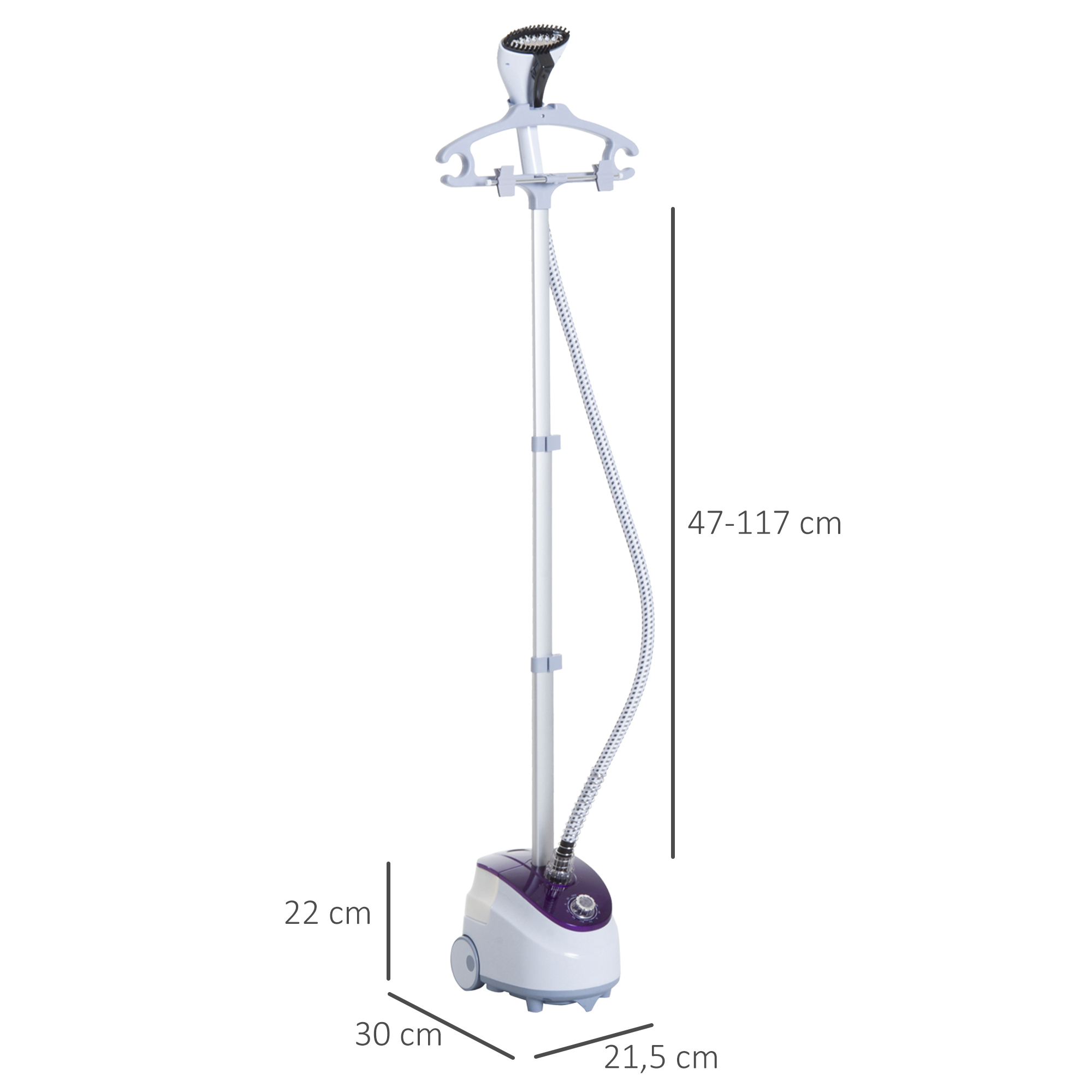 Un vaporizador de ropa de pie con dimensiones etiquetadas: 22 cm, 30 cm, 21,5 cm y 47-117 cm.