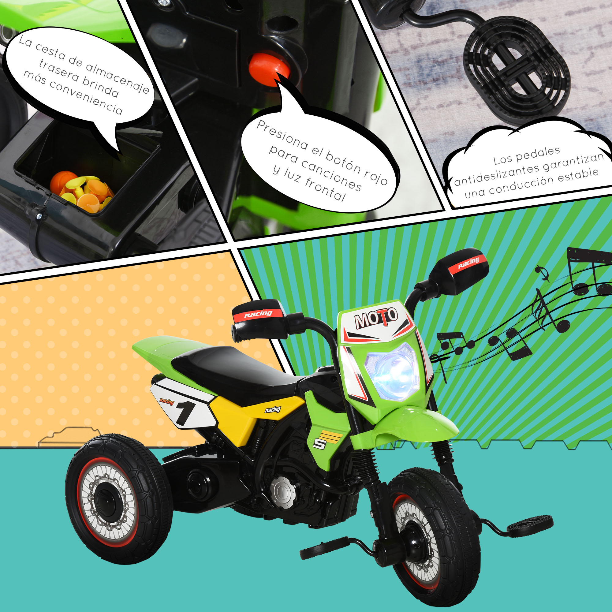 Una moto de juguete verde y negra con cesta, pedales y faro. Burbujas de texto en español.