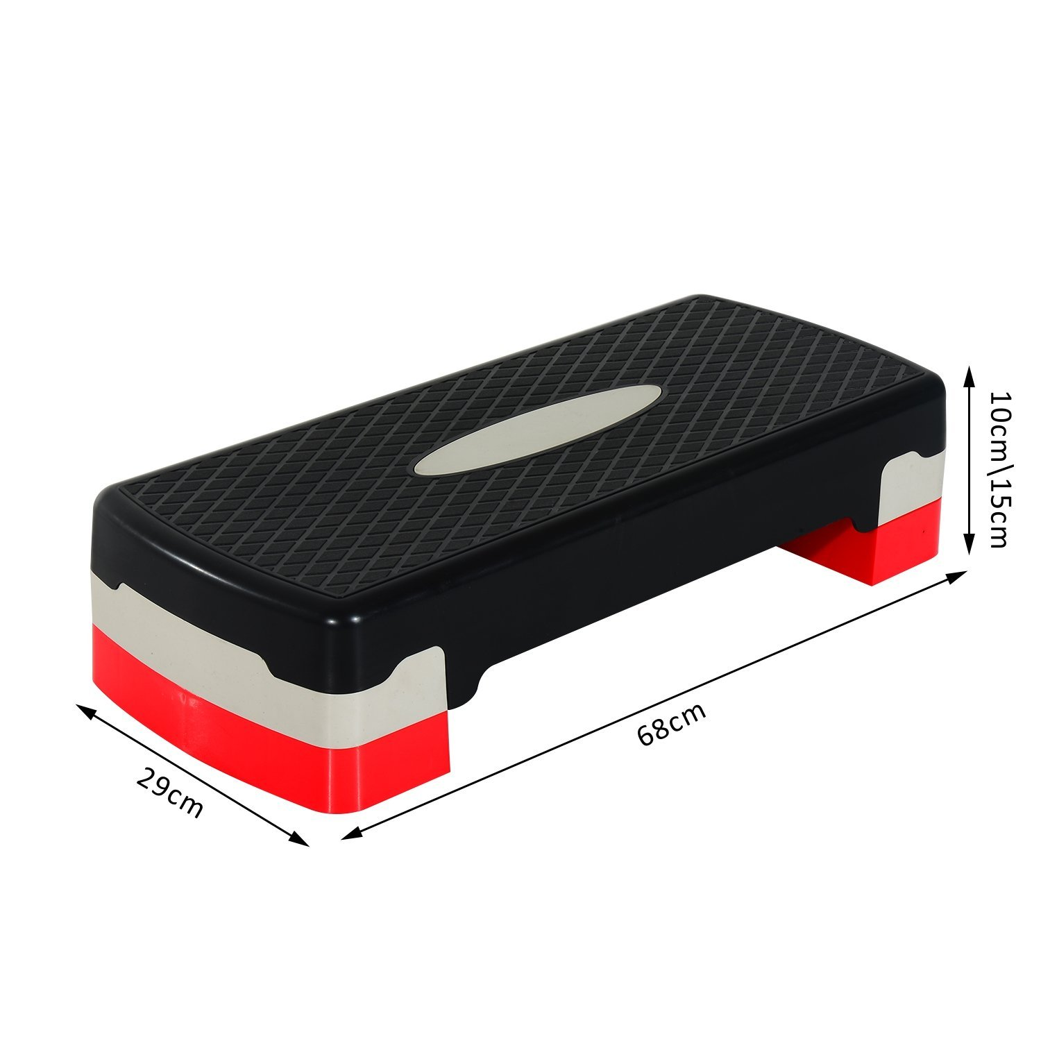 Plataforma de step negra y roja. Dimensiones mostradas. Fondo blanco, la plataforma se usa para rutinas de ejercicio.