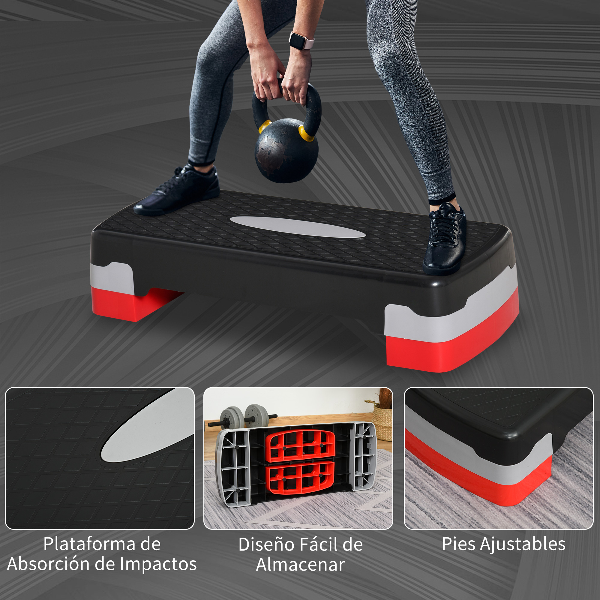 Una mujer haciendo ejercicio en un escalón negro, rojo y gris con una pesa rusa.