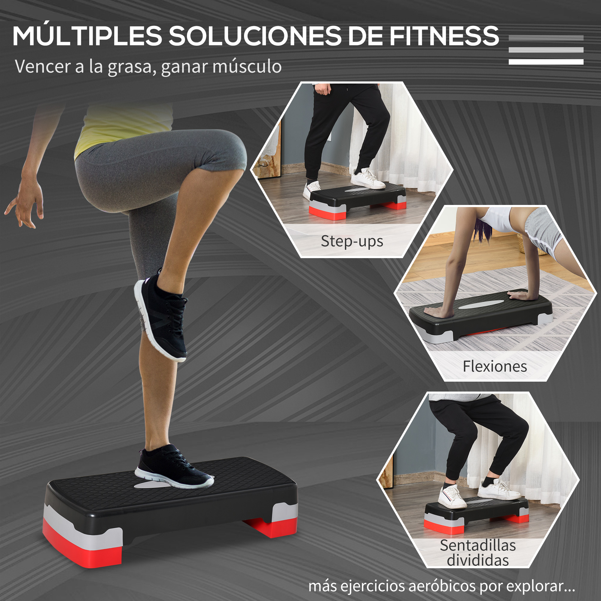 Una mujer haciendo ejercicio en una plataforma de step. Gráficos muestran step-ups, flexiones y sentadillas divididas.