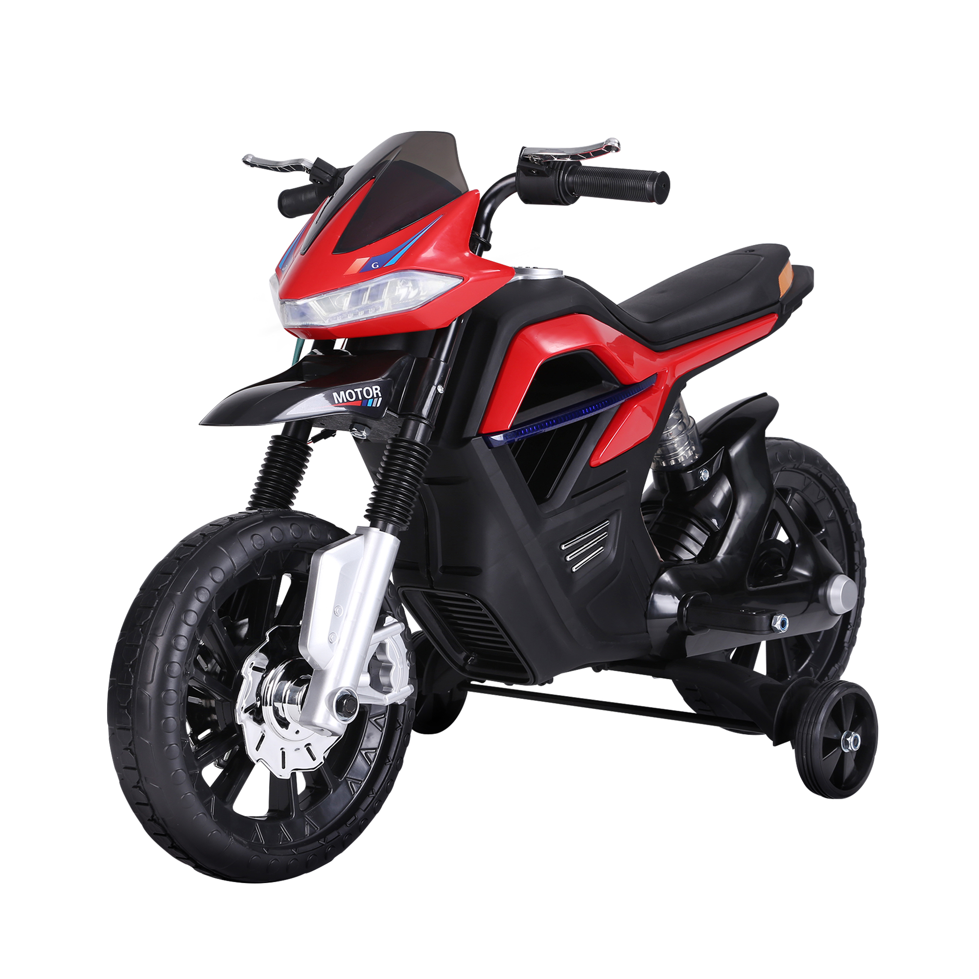 Moto giocattolo rossa e nera con rotelle, isolata su sfondo bianco.