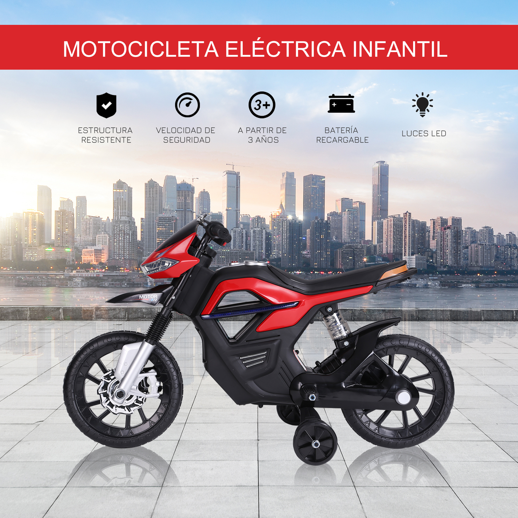 Motocicleta de juguete roja y negra. La imagen muestra la moto con un fondo de ciudad, con características de seguridad.