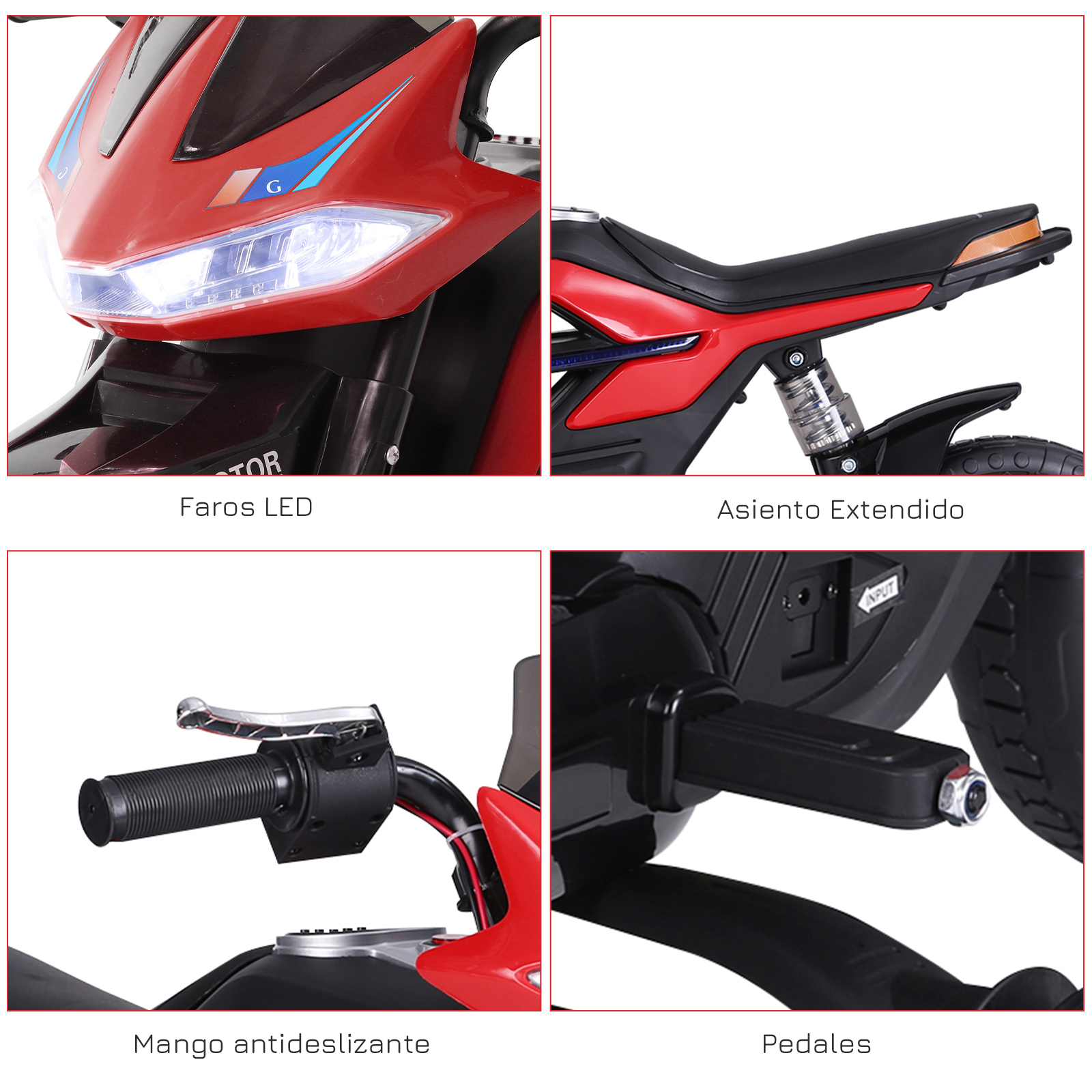 Primer plano de una motocicleta de juguete roja y negra. Detalles incluyen luces LED, asiento, manillar y pedales.