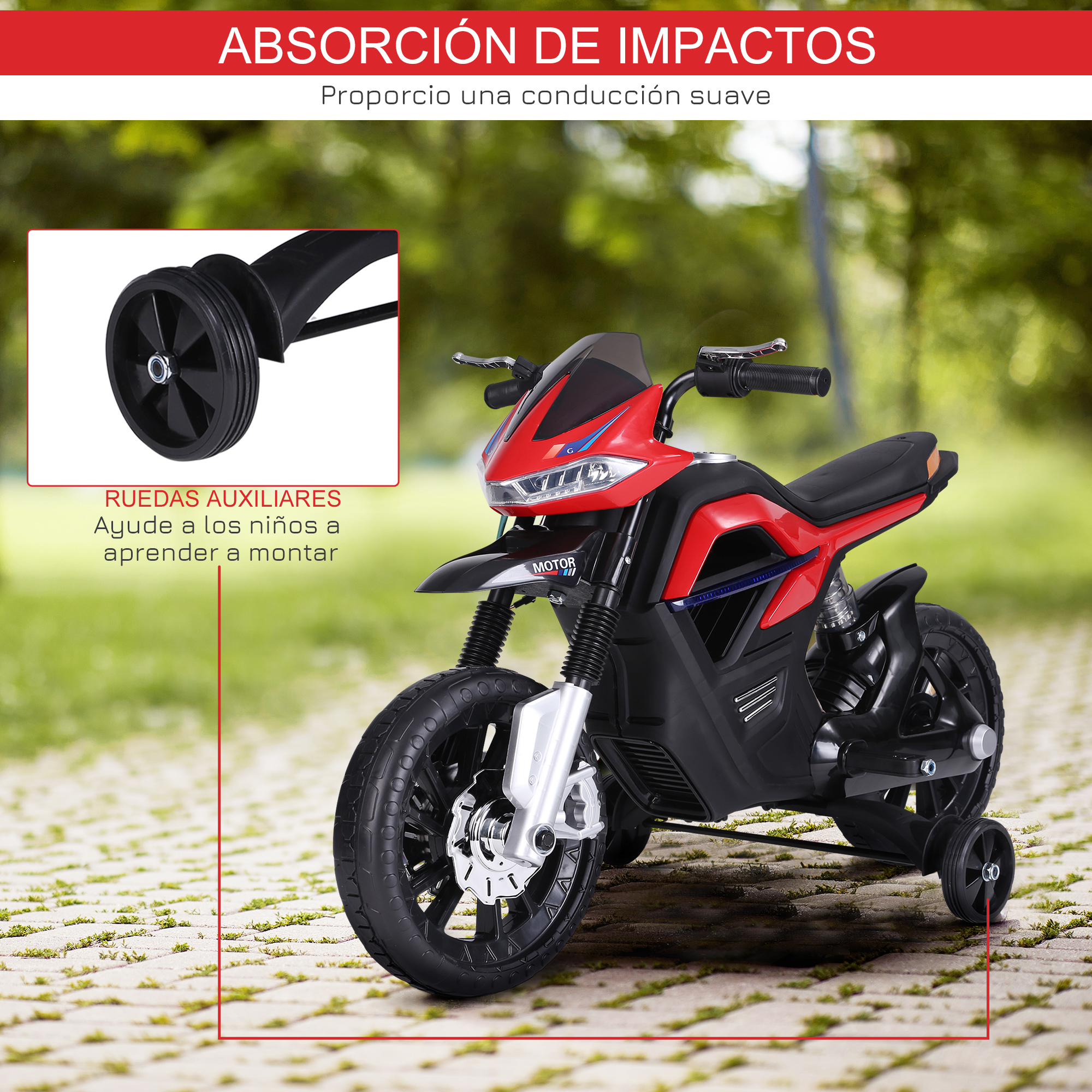Motocicleta de juguete roja y negra con ruedas de entrenamiento, sobre superficie de ladrillo, con texto.