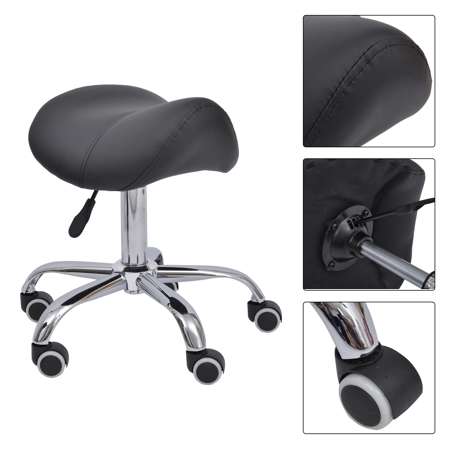 Silla de montar negra con base y ruedas cromadas. Primeros planos del asiento, la base y la rueda.