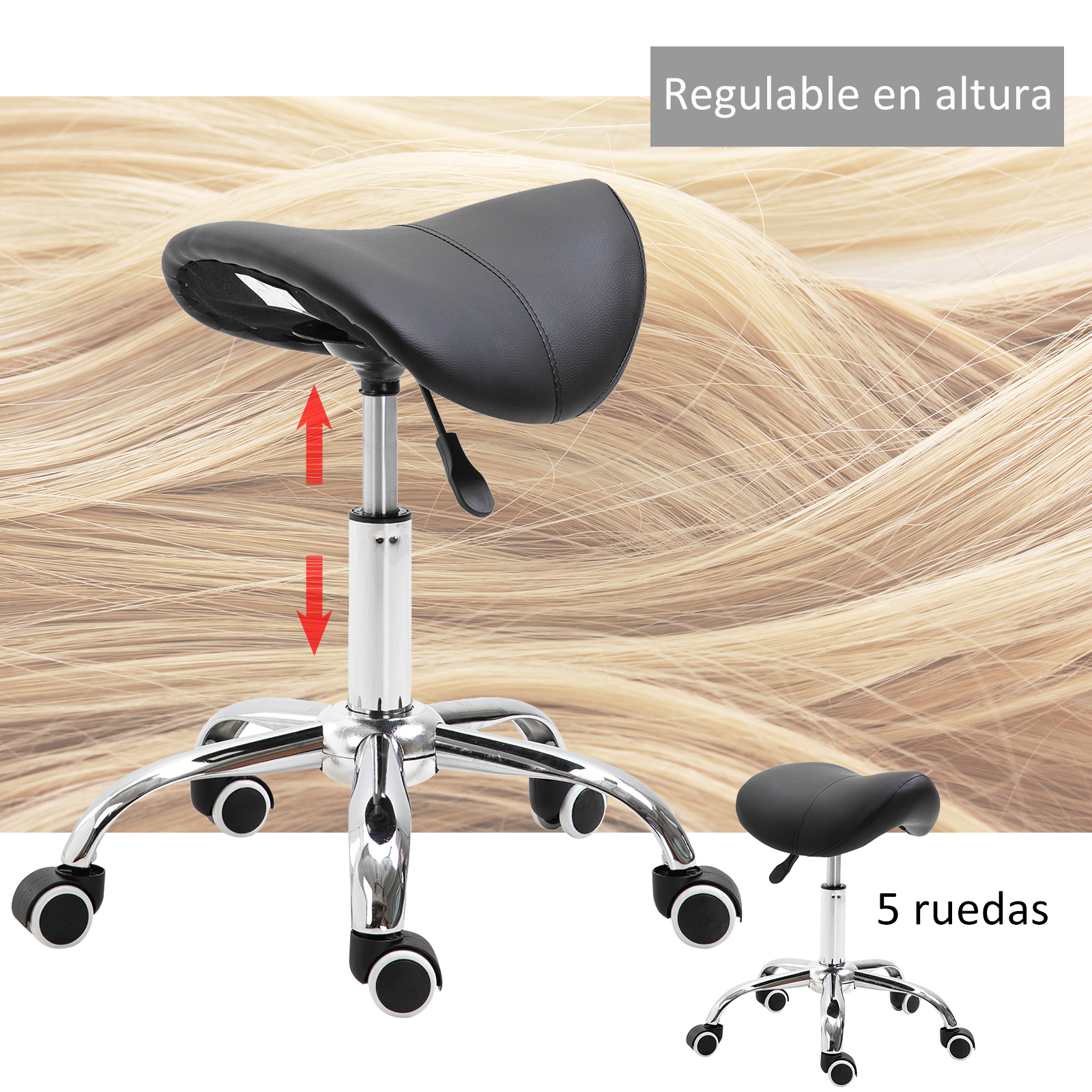 Silla de montar negra, altura ajustable. El fondo muestra cabello rubio. La silla tiene 5 ruedas.